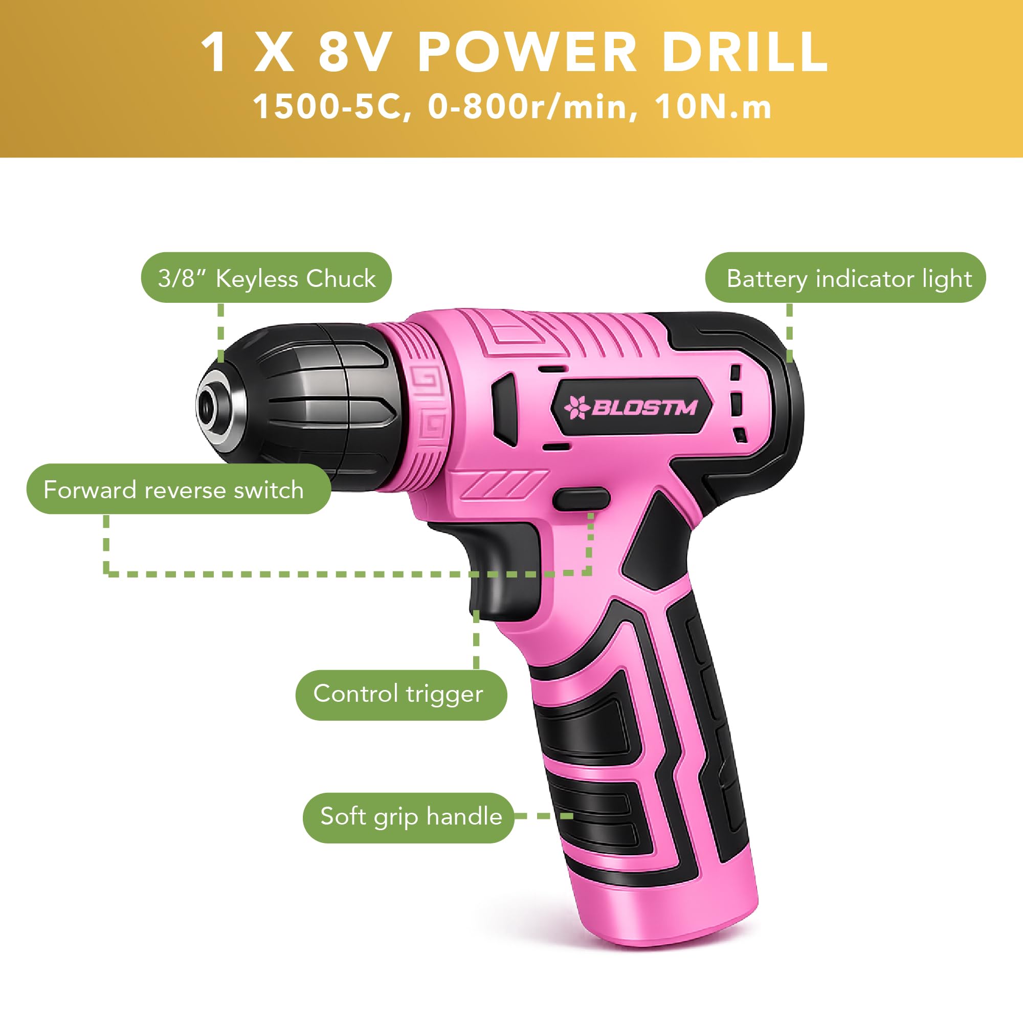 BLOSTM Kit di 126 attrezzi rosa con trapano a batteria da 8 V e utensili manuali per fai da te, riparazioni domestiche, cassetta degli attrezzi portatile con cacciaviti, punte, pinze
