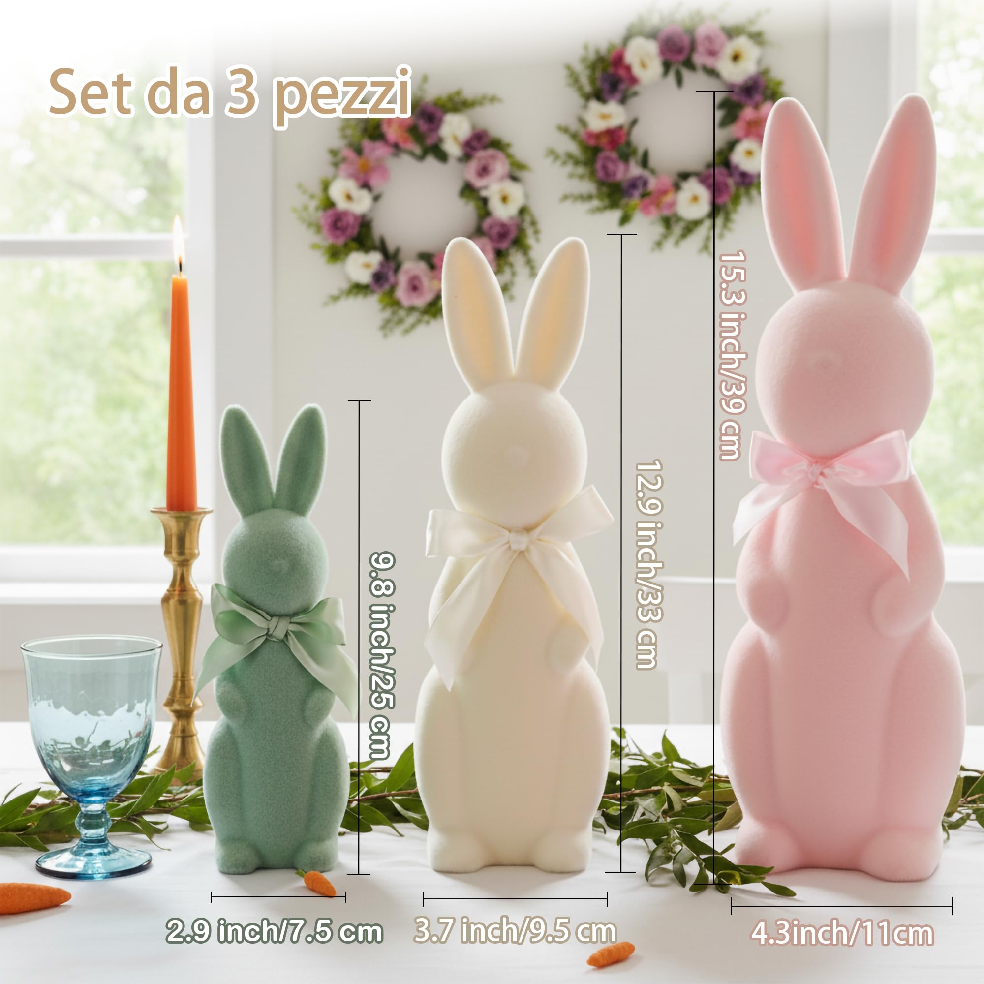 Lanpn Set di 3 Conigli Pasquali Floccati con Papillon, Statuette Pastello per Decorazioni da Tavolo, Mensole e Casa, Decorazioni Primaverili (Rosa Beige Verde)