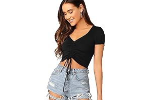 Women’s Black Ruched Drawstring Front V-Neck Crop Tee