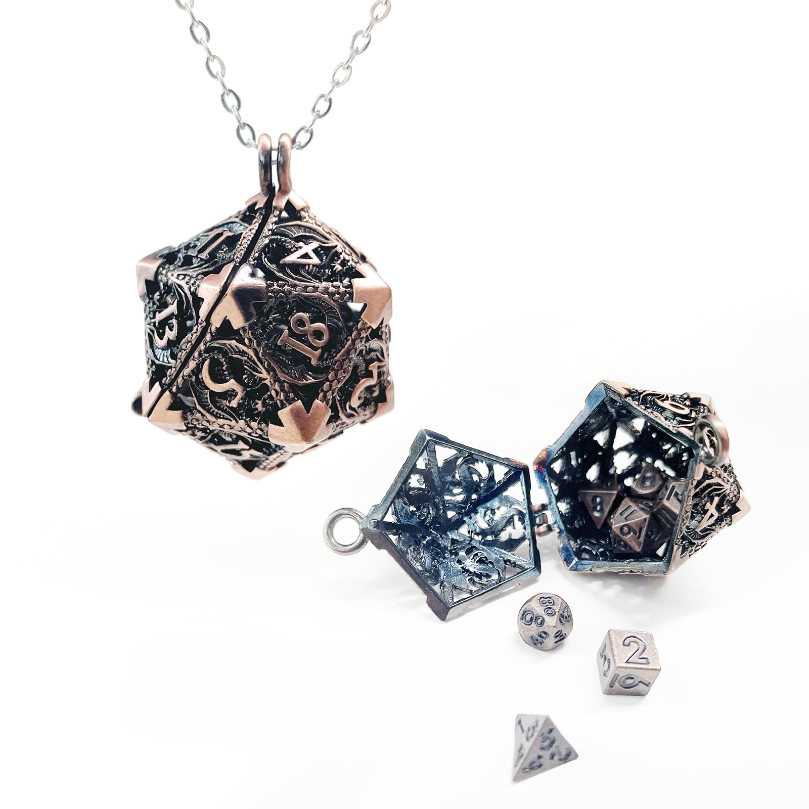 DND Juego de dados de 7 piezas, juego de dados DND, mini juego de dados de metal para mazmorras y dragones, con collar hueco de cobre D20, juego de dados poliédricos, accesorios DND, regalo (rojo)