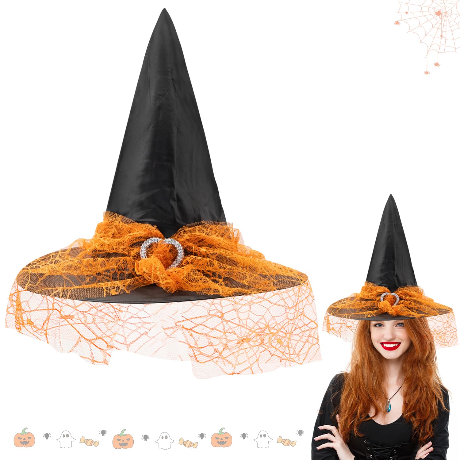 Witch Hat Witches Hat, Halloween Pointed Wizard Hat with Orange Veil for Adult Witch Costume Fancy Dress Accessories, Halloween Dress Up Witch Accessories for Masquerade Parties A9CSWSWPM