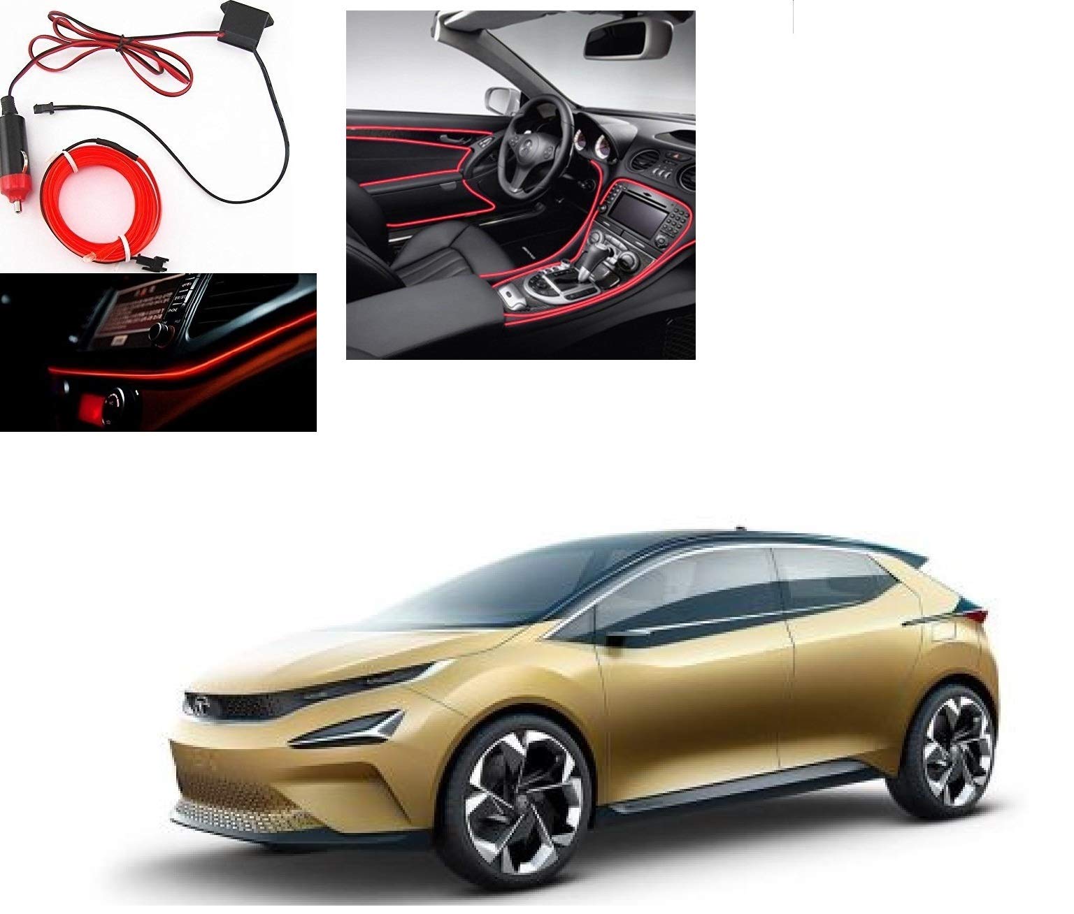 Kozdiko Red Color 12V 5Mtrs Roll Cold Light Car Socket Strip Neon Lamp Mood Creator Decor InteriorLighting for Tata 45X