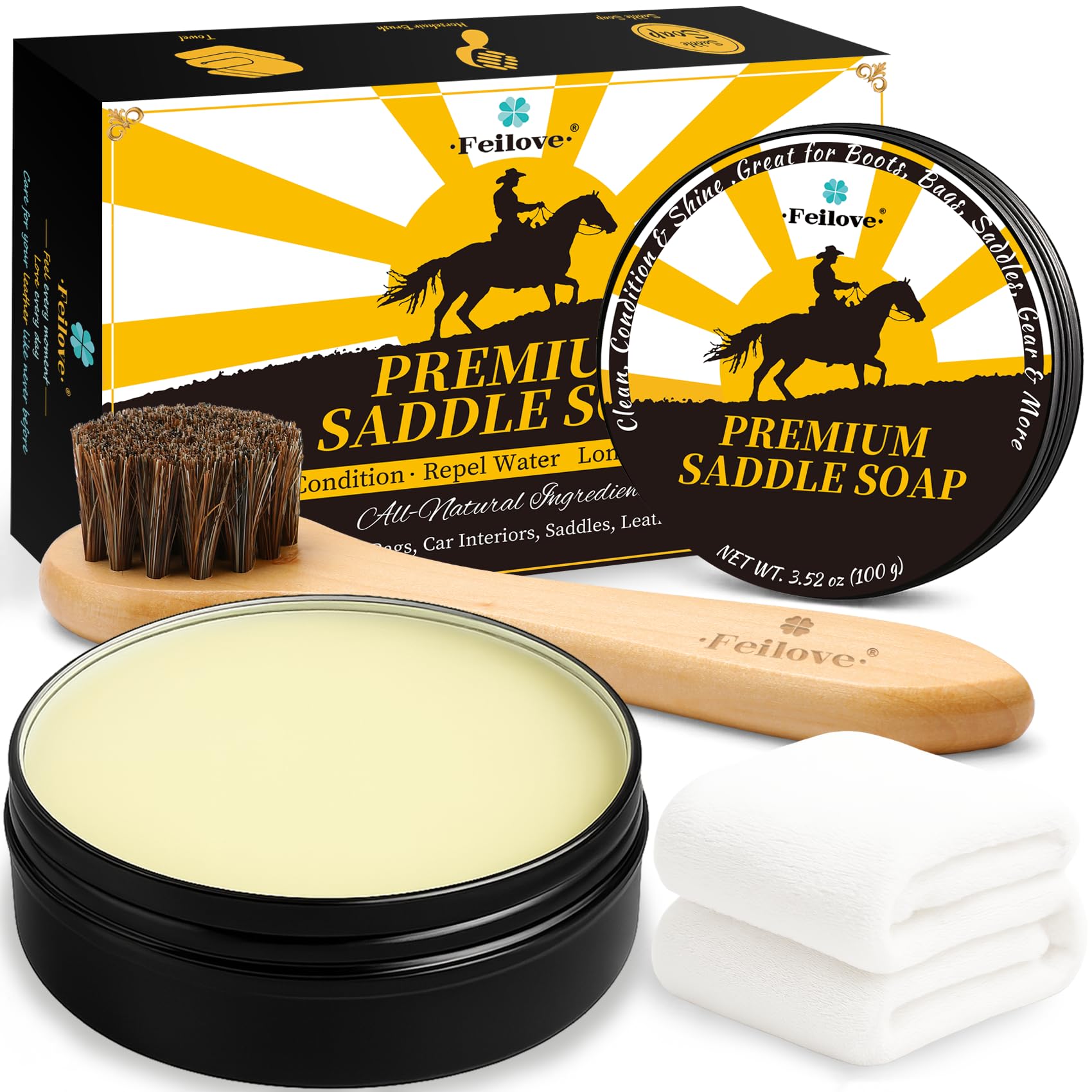Saddle Soap for Leather All-Natural 3-in-1 Leather Cleaner Conditioner Kit with Horsehair Brush Cloth For Boots Bags Saddles