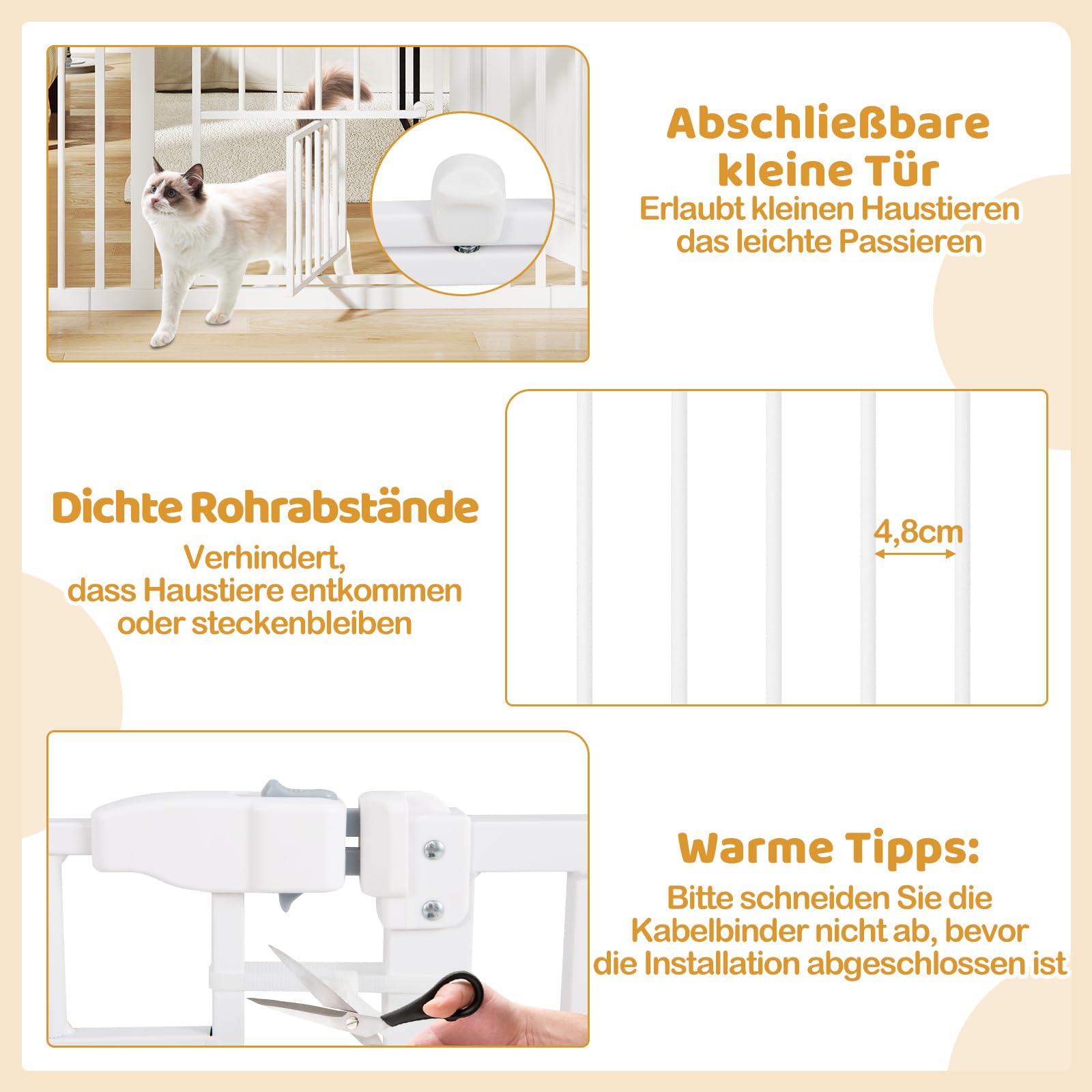 COSTWAY Kratka ochronna na drzwi dla psów, wysokość 76 cm, 74-104 cm, metalowa kratka ochronna z małymi drzwiami, 2 rozszerzenia, automatyczne zamykanie, kratka drzwiowa bez wiercenia, wysuwana kratka