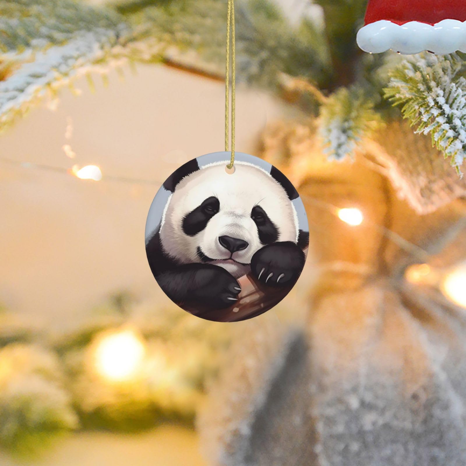Christmas Tree Ornaments Ceramics Christmas Round Decorations Cute Sleeping Panda Ceramics Ornaments Circle Pentagram Xmas Tree Hanging Pendant for Christmas Tree Party Holiday Home Decor