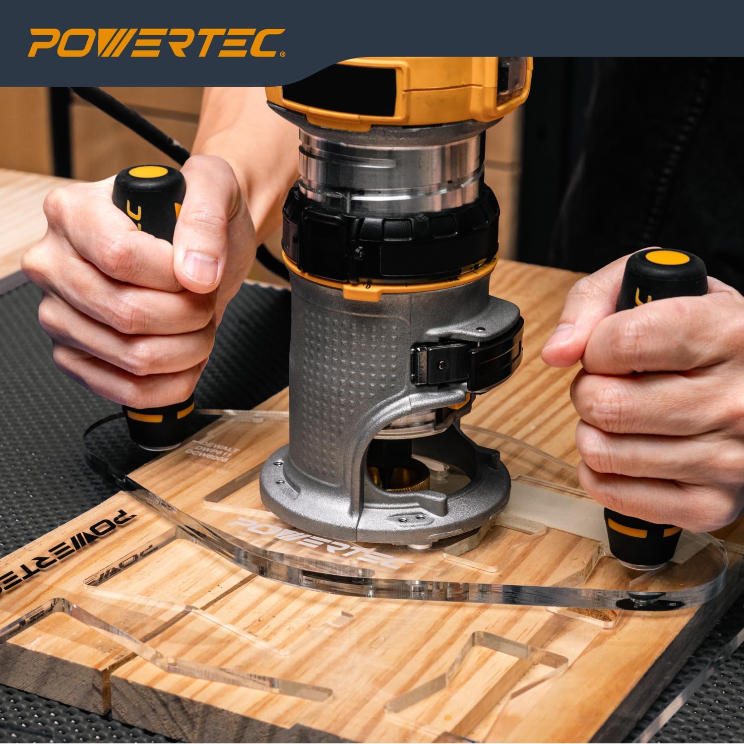 POWERTEC Dual Grip Router Base Plate 6” x 11” Clear Acrylic Large Sub Base with Predrilled Holes for DeWalt Compact Router DWP611 and DCW600B – For Dovetail Jig, Inlay Template & Edge Routing (72314)