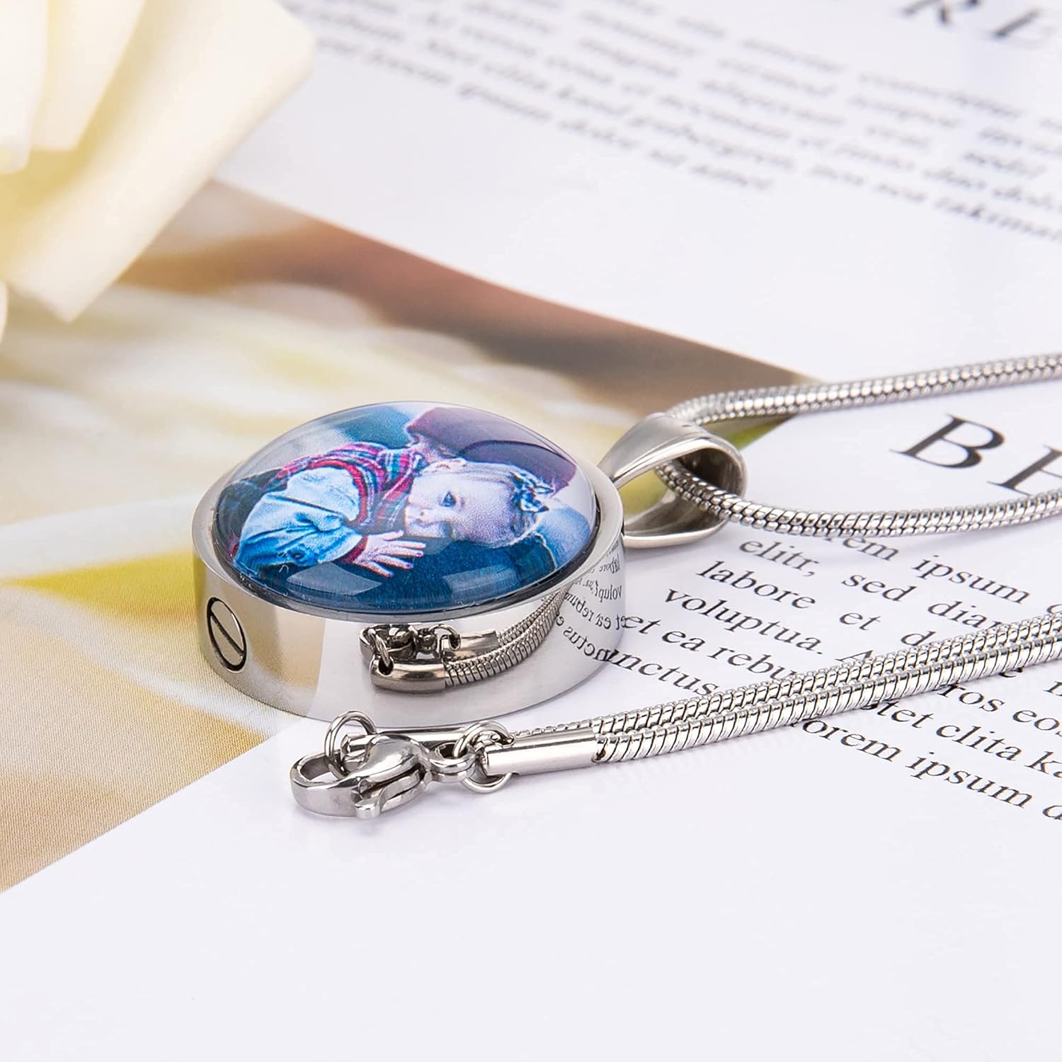 Bivei Personalized Photo Urn Necklace, Custom Engraving Cremation Ash Jewelry for Human Ashes, Memorial Keepsake Necklace Gift for Women & Men (Silver-Round)