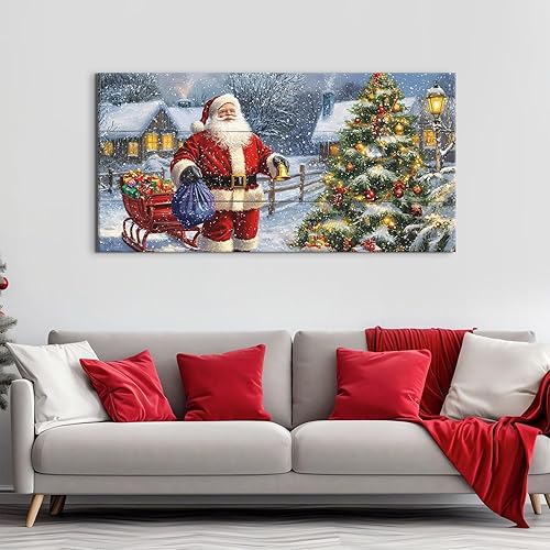 Miniatura 5 de Arte de pared de escena de nieve de cabaña de invierno para dormitorio, decoración de pared retro cálido de Papá Noel para llevar regalos, pinturas