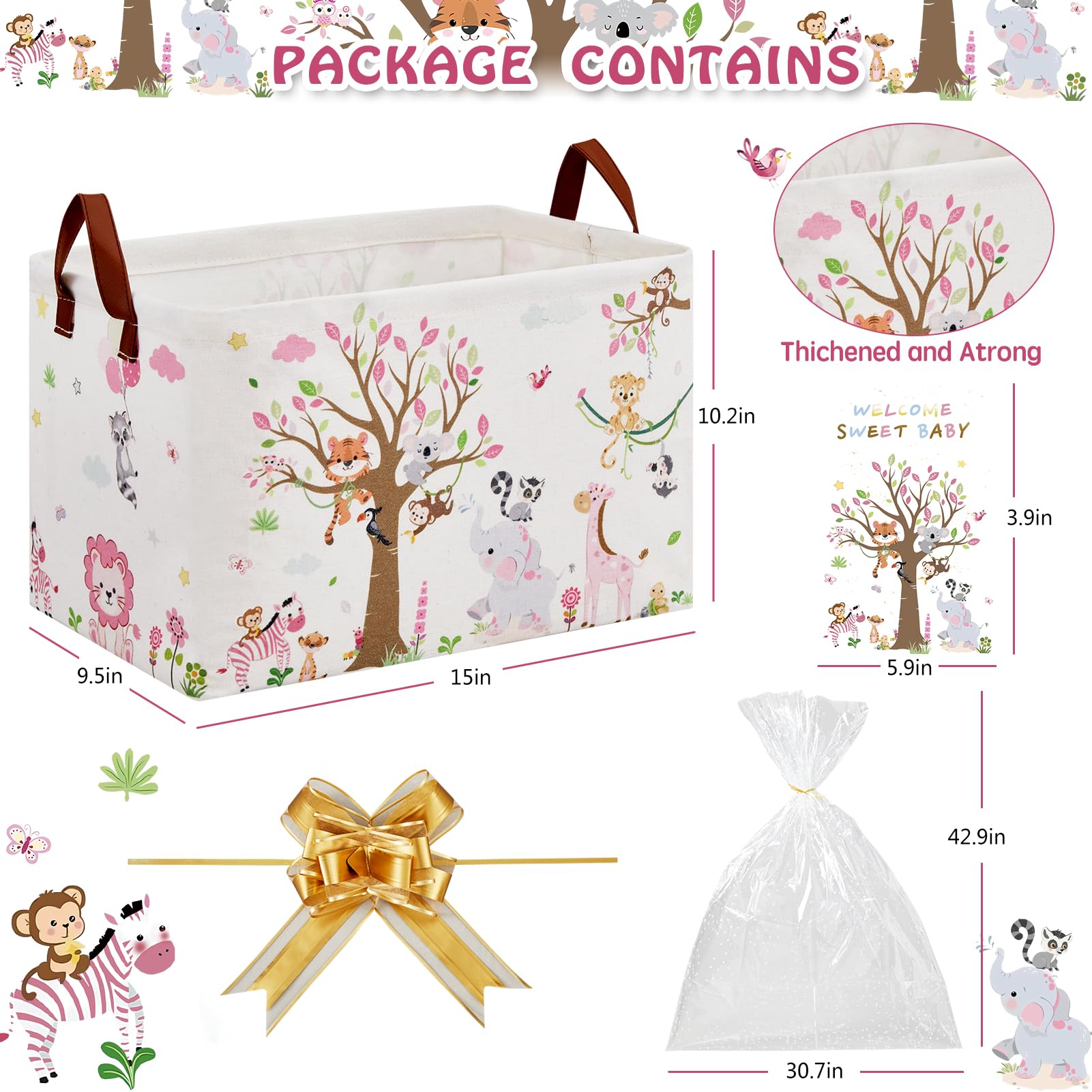 Baby Gift Basket with Gift Bags, Greeting Card and Ribbons Girl Storage Diaper Bag Baskets for Gifts Empty Toy Bin with Handles for Baby Shower Birthday Party (Jungle Pink Elephant)