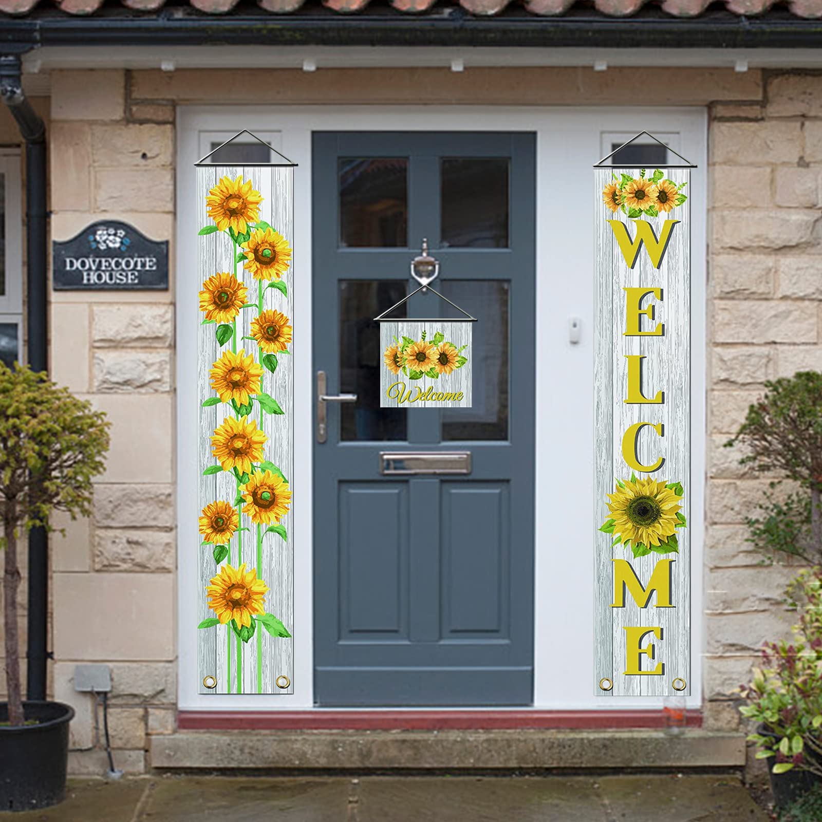 SUPERDANT 3 Stück Sonnenblume Willkommensbanner Türbehang Flagge Couplet Dekor Zeichen Set Tür Union Hängende Flagge Für Haus Haustür Veranda Schulgarten Partybedarf Klassenzimmer Schule Dekor