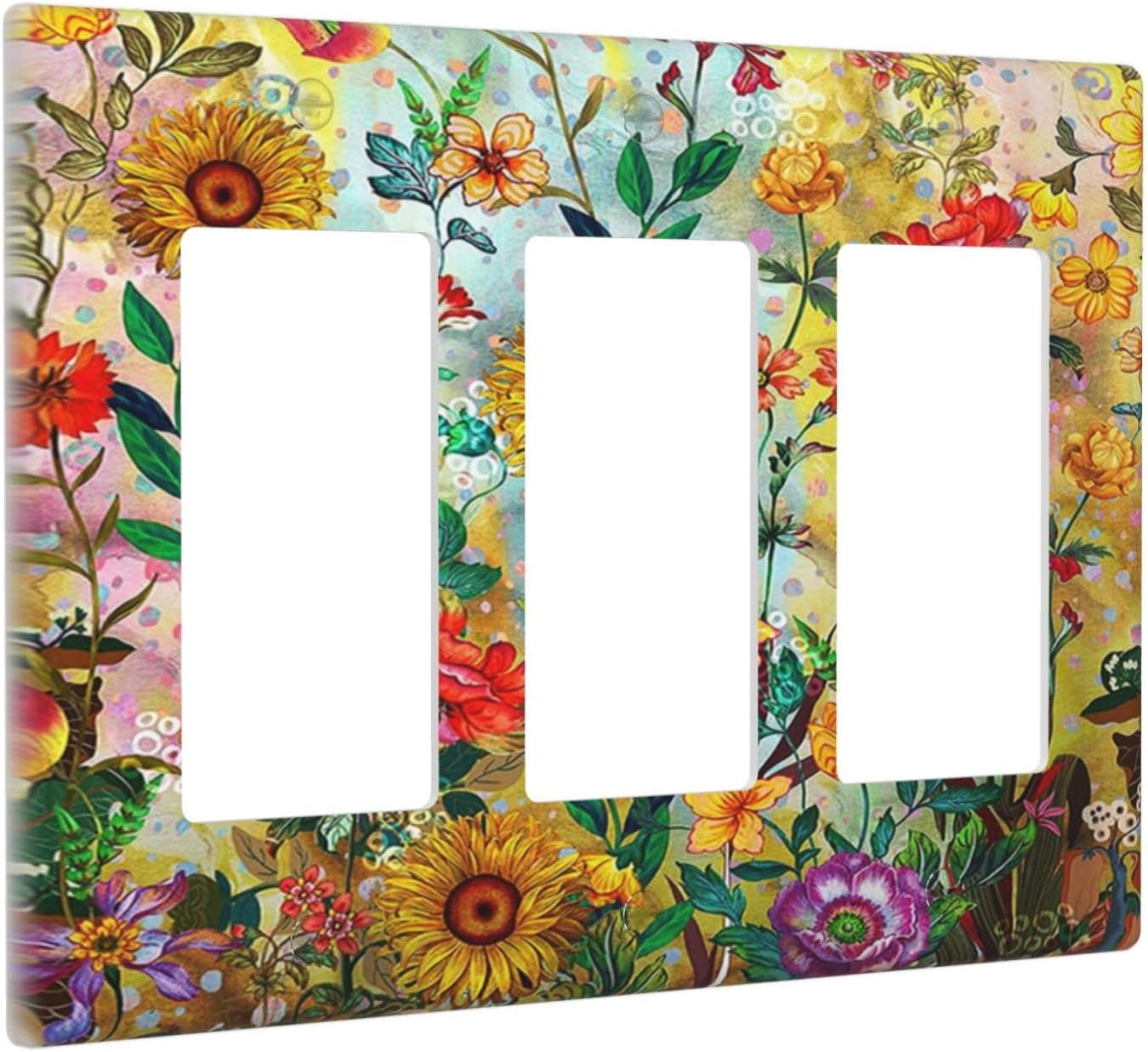 Fall Colorful Sunflower Floral 3 Gang Wall Plate Triple Rocker Light Switch Cover Decorative Switch Plates Outlet Covers Electrical GFCI Faceplate for Bedroom Bathroom Kitchen Art Decor Accessories