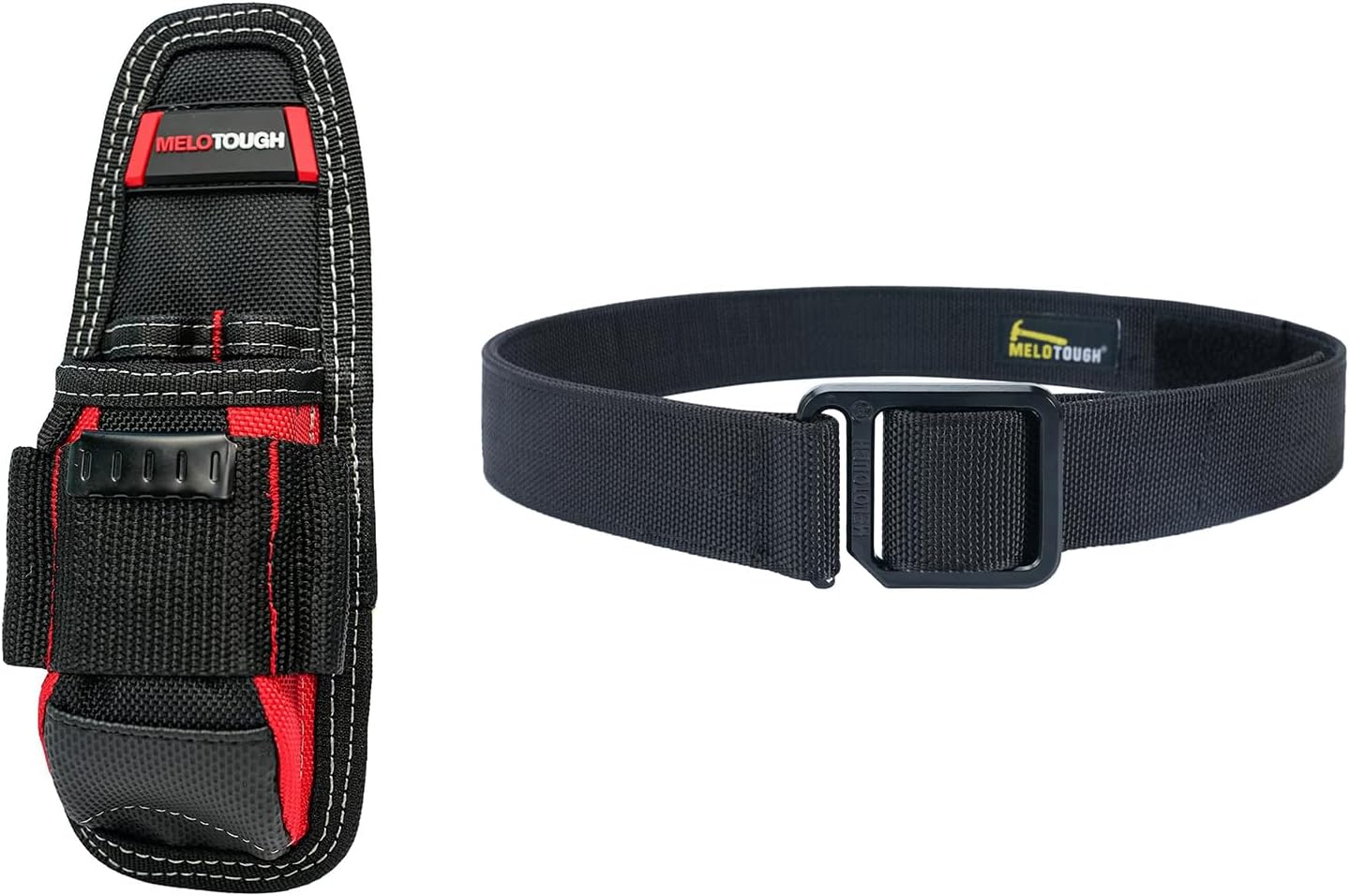 MELOTOUGH Small Tool Pouch Clip on Tool Pouch,Tool Holster Mini Electrical Tool Holder Red Color + Modular EDC Tool Belt - 1.75 Inch Hook & Loop Adjustable Black Nylon Work Belt
