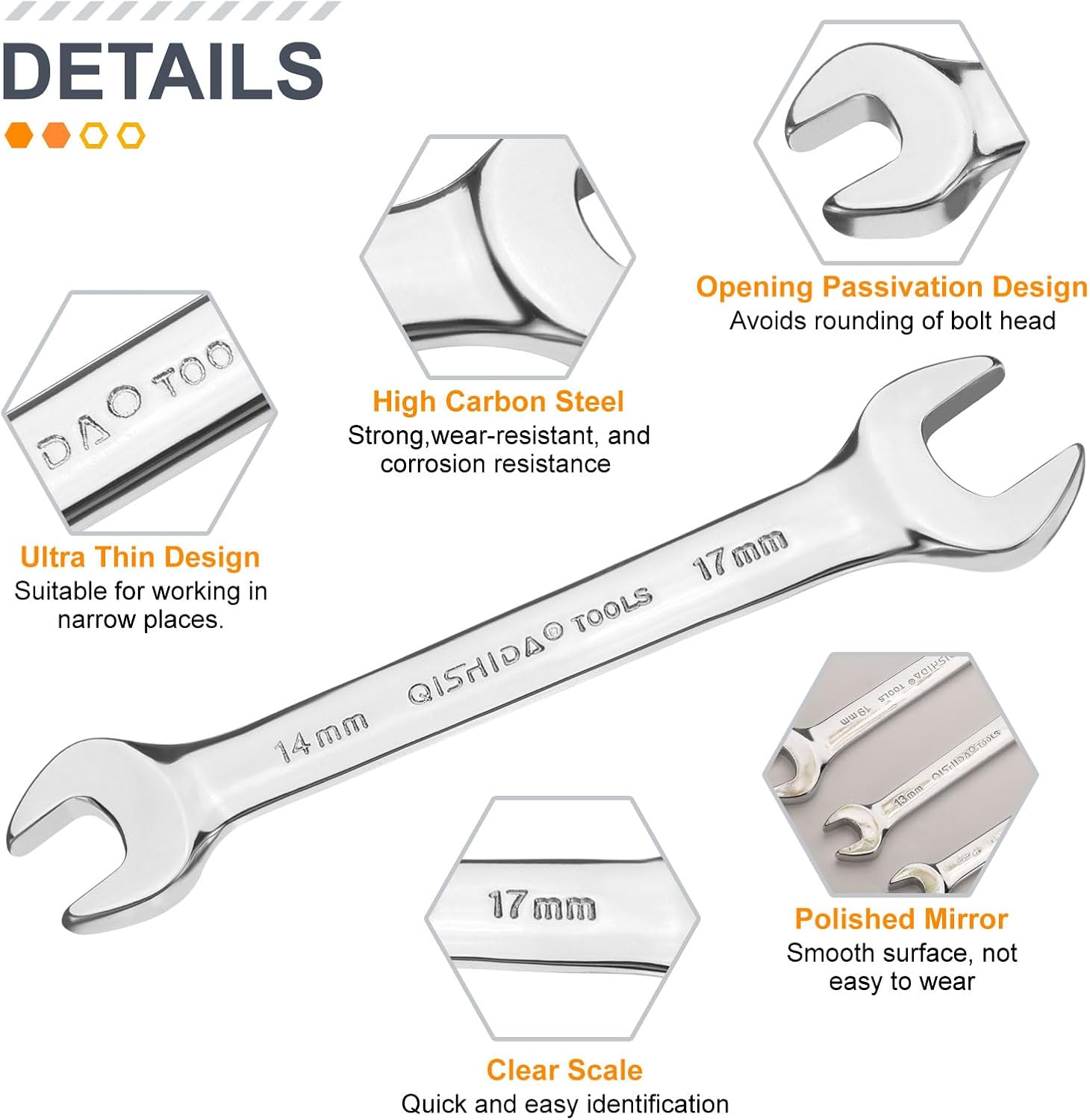 HARFINGTON 2pcs Double Open End Wrench 14mm x 17mm/16mm x 18mm Metric 15 Degree Offset Angle Small Flat Head Wrench Mirror Polished Open Ended Spanner for Automotive Repair Furniture Assembly