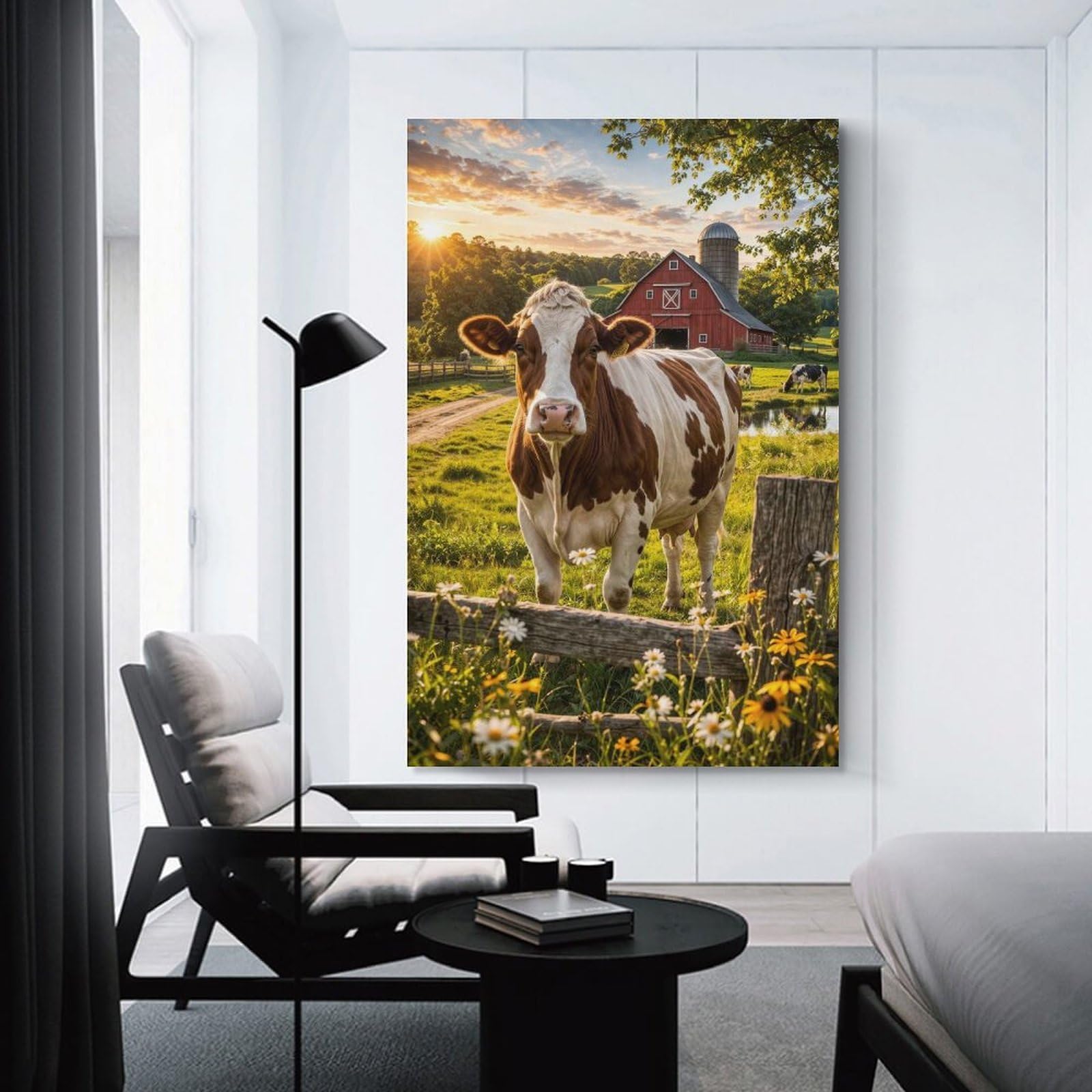 Junmoney Unframe-Style-14 Cow In A Farm Field At Sunset Room Decor Wall Art 16X24inch(40X60cm), For Lounge Decor, Offices Or Entryway Styling, A Flexible Wall Accent For Shared Spaces