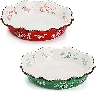 Cedilis Set of 2 Ceramic Pie Pan for Baking, 9 Inches Deep Dish Pie Plate, 47 Ounce Round Baking Dish for Apple & Pumpkin Pie, Red and Green