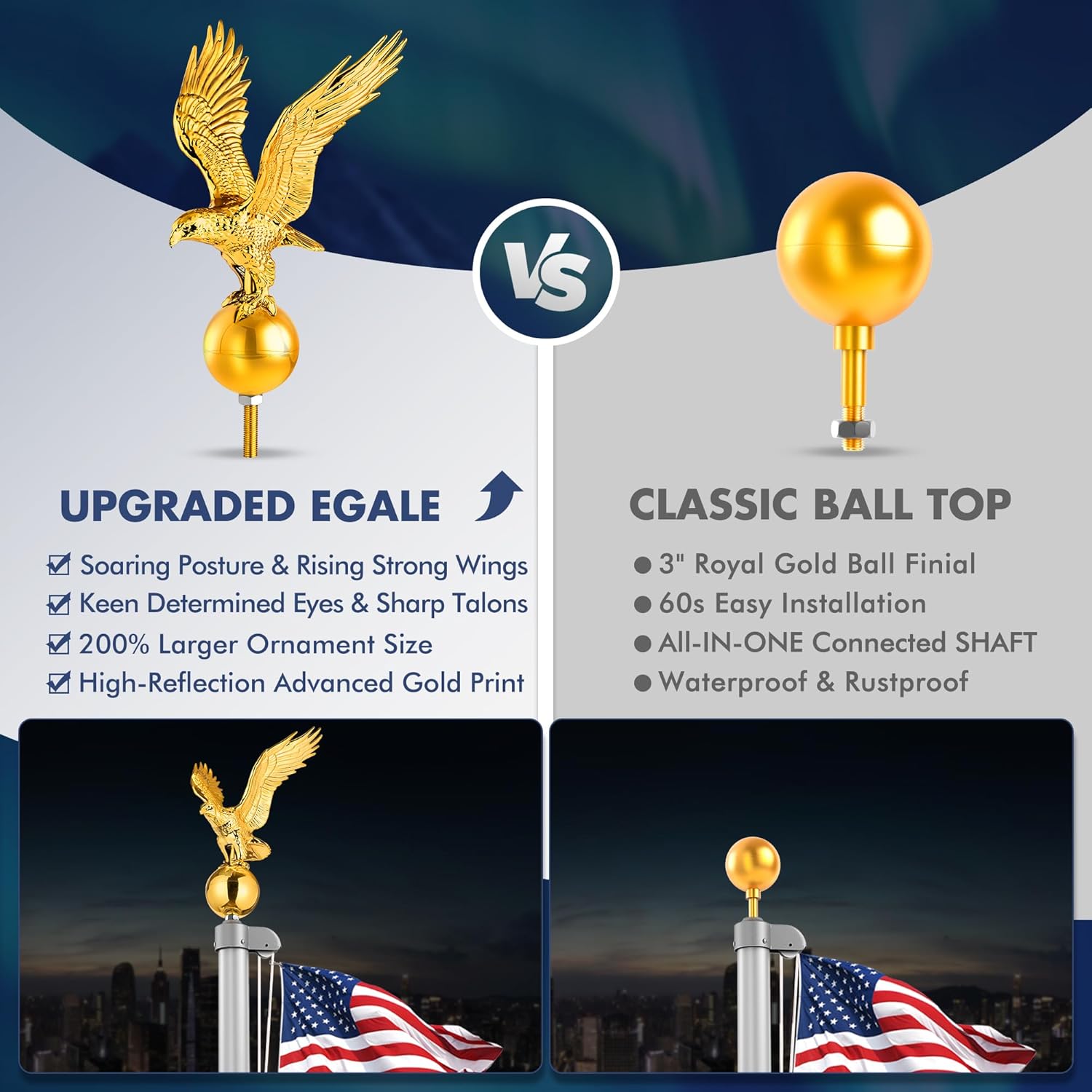 Golden Eagle Flagpole Topper, 13" Eagle Ornament for 20/25/30 Ft Telescopic/Sectional Flag Poles Outdoor, Fit 2" Standard USA Flag Poles, Auro 1 - Gold - Image 6