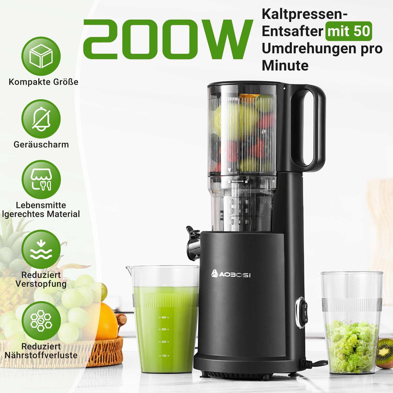 AOBOSI Slow Juicer mit 126 mm XXL-Einfüllöffnung – 1,5 L, 200 W leiser Entsafter mit Rückwärtslauf, Dreifachfilter & Press-Schnecke – Entsafter Gemüse und Obst Testsieger,Schwarz
