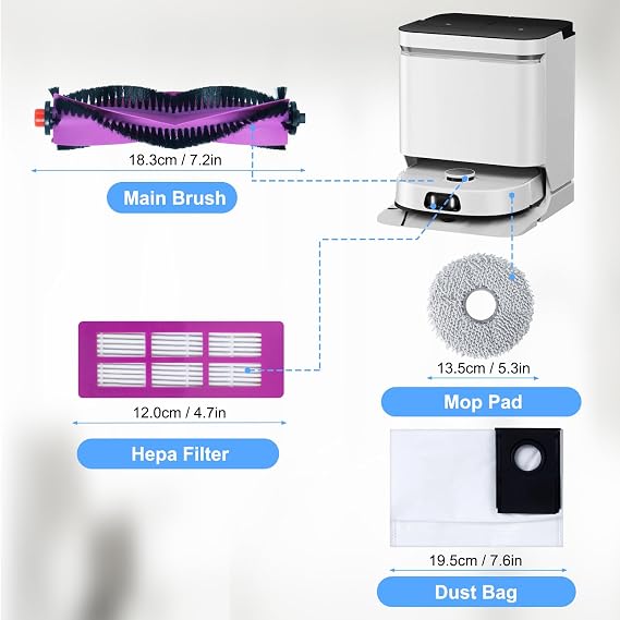 Accessories for Eureka J15 Pro Ultra / J15 Ultra Robot Vacuum Cleaner Replacement Parts.1 Main Brush, 4 HEPA Filters, 4 Mop Pads, 4 Dust Bags, 1 Brush