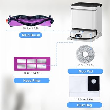 Accessories for Eureka J15 Pro Ultra / J15 Ultra Robot Vacuum Cleaner Replacement Parts.1 Main Brush, 4 HEPA Filters, 4 Mop Pads, 4 Dust Bags, 1 Brush