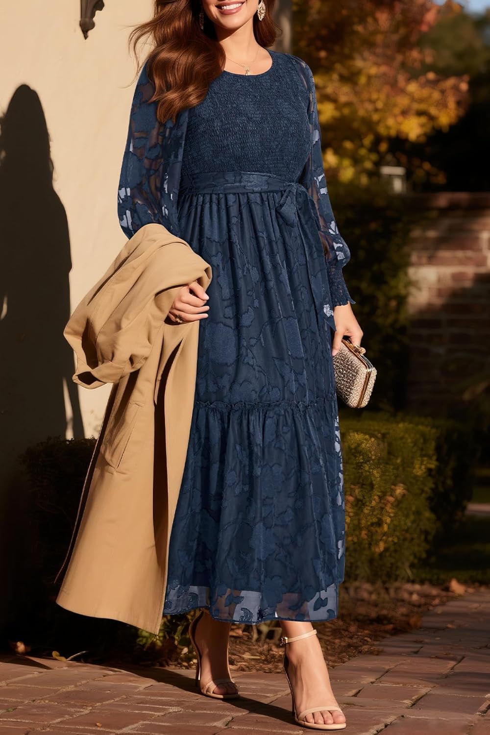 Pinup Fashion Plus Size Fall Dress - 2025 Wedding Guest Long Sleeve Floral Lace Long Dress with Belt - Image 3