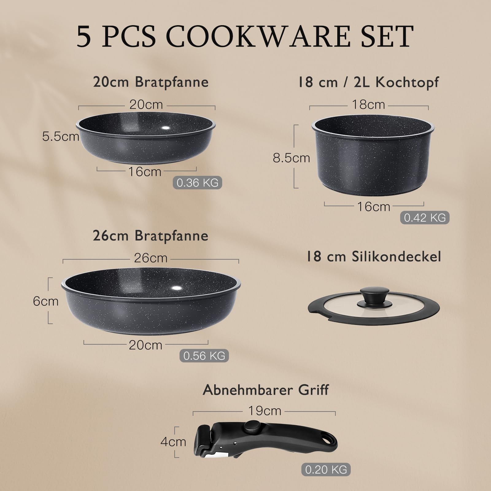 GiPP Set di Pentole e Padelle Ceramiche Antiaderenti 5 Pezzi con Manico Amovibile - Cucina Sana per Camper, Senza Tossine, Compatibile Induzione Forno Lavastoviglie