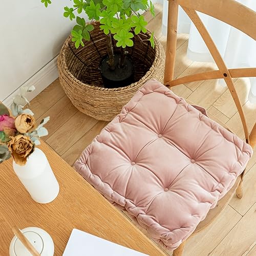 Miniatura 5 de Cojines cuadrados para asiento de suelo, cojín de asiento de silla de tatami de color sólido con asa, cojín de terciopelo portátil grueso para yoga,