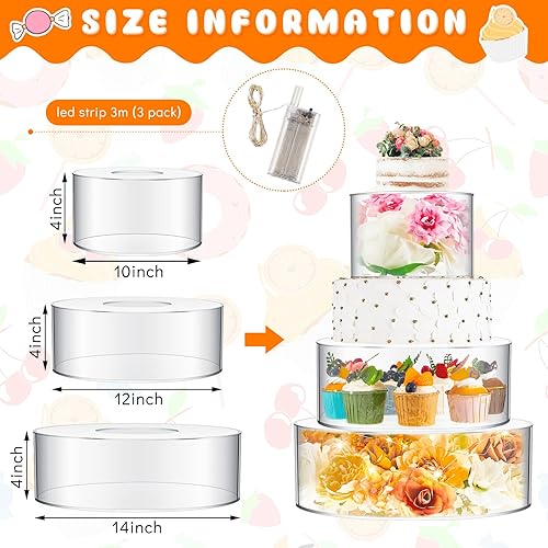 Miniatura 2 de Sintuff 3 piezas de soporte acrílico para pasteles con luces LED, transparente rellenable, caja cilíndrica redonda de 3 niveles para Navidad, boda,