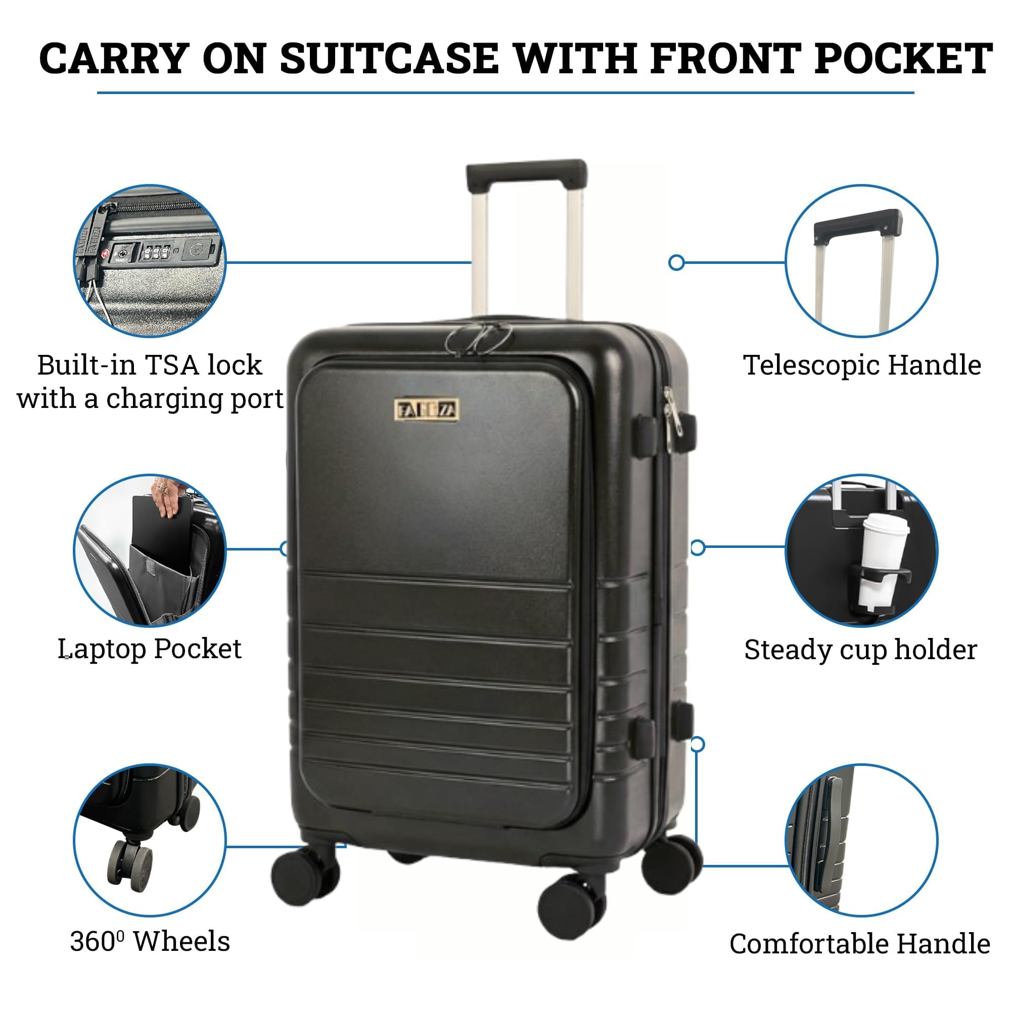 Fagoza Hardside - Equipaje de mano aprobado por aerolíneas de 22 x 14 x 9 pulgadas con bolsillo frontal, puerto de carga USB y portavasos, Negro, 22x14x9, Equipaje de mano abierto frontal rígido PC