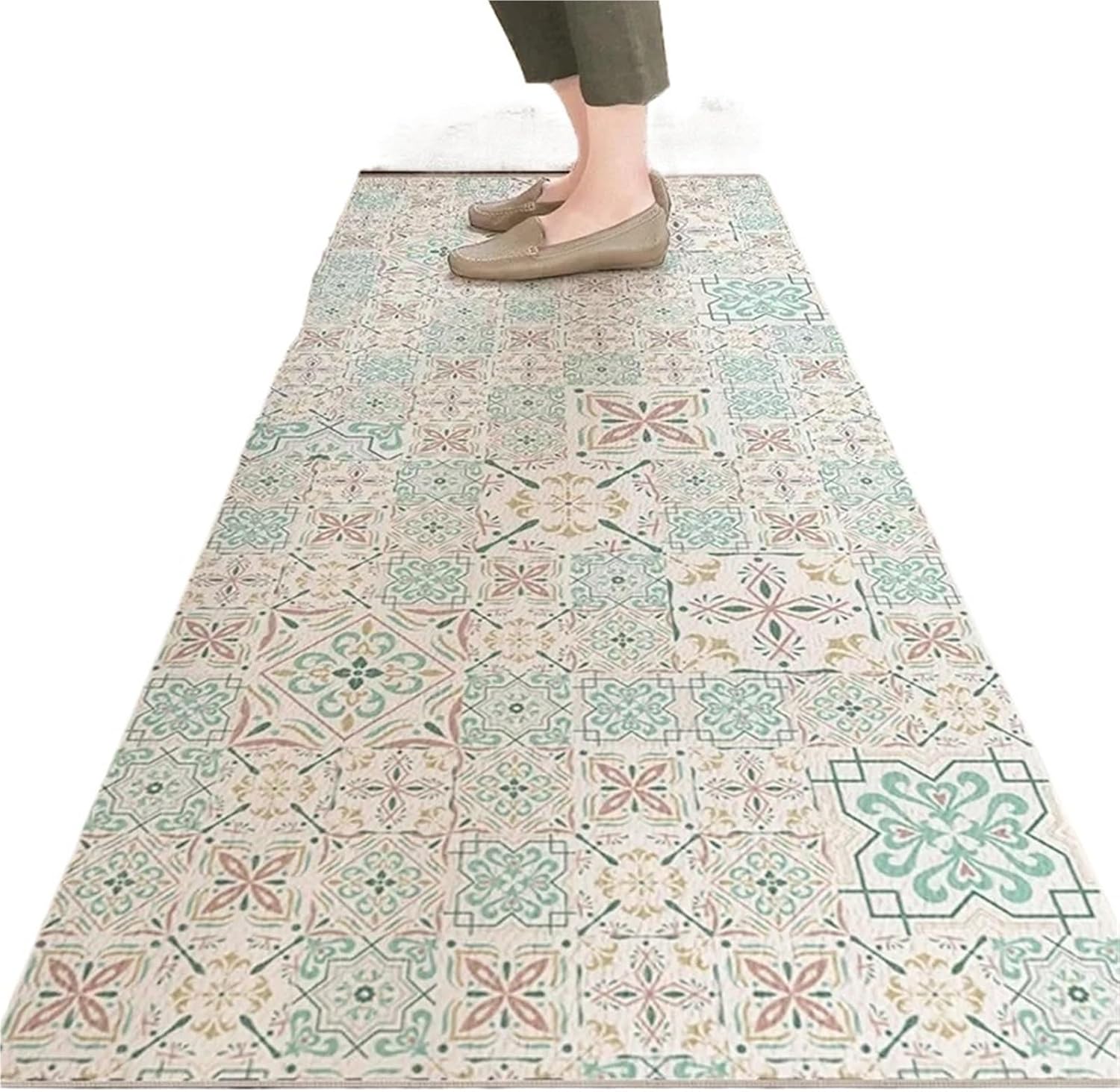 Kitchen Carpet Non-Slip Floor Mat PU Leather Waterproof Foot Mats Oil-Proof Long Rug Retro Style Home Decoration Rugs for Kitchen, Floor, Office(Color 9,1pc-90x200cm)