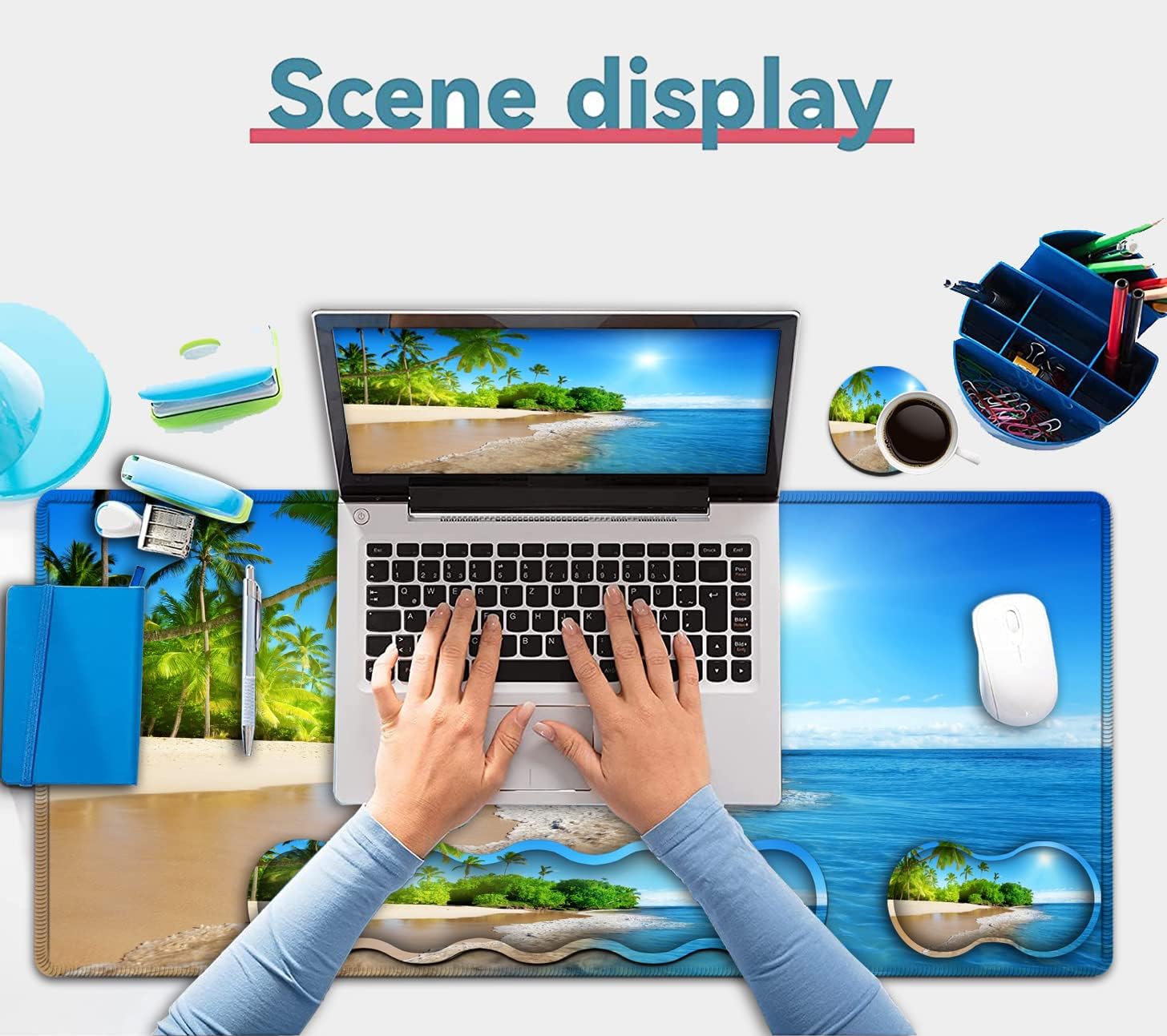 Office Desk Pad, Large Mouse Pad(31.5" x 11.8") Laptop Desk Table Protector Extended Writing Mat, Ergonomic Memory Foam Keyboard Wrist Rest Support,Tropical Palm Sea Beach View Gaming Mouse Pad Set