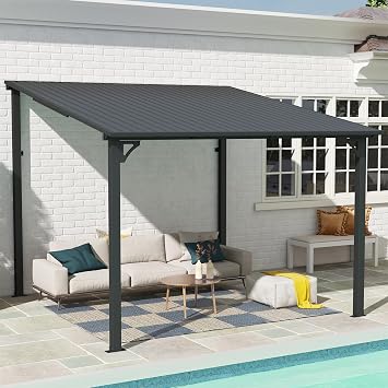 SUNSITT 10x 10 Gazebo, Outdoor Lean to Gazebo Pergola w/Drainage Holes, Wall-Mounted Gazebo with Hard Top Metal Awnings for Patio Backyard Deck, Dark Grey