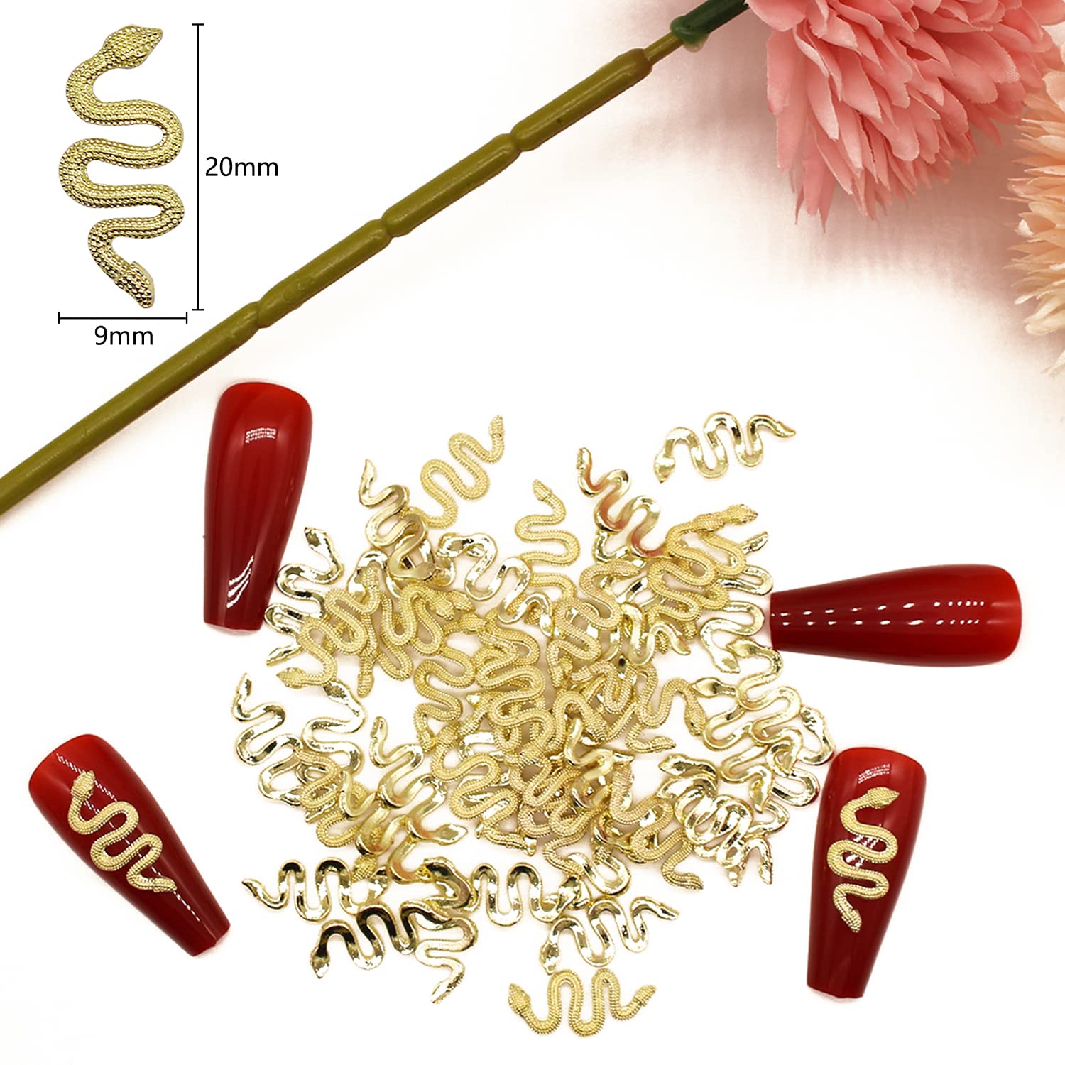 WOKOTO 50pcs Gold Snake For Nail Art Charms Alloy Nail Charms For Nails 3D Snake Charms Gold Nail Charms For Women Nail Art 3D Charms For Acrylic Nails Jewels Studs