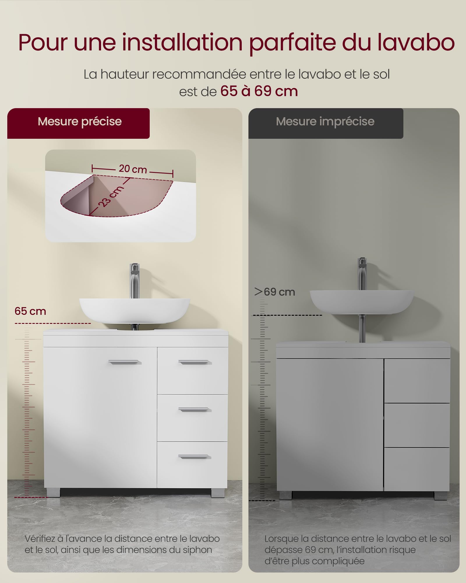 VASAGLE Meuble sous Lavabo, 3 Tiroirs Latéraux, 70 x 30 x 63,8 cm