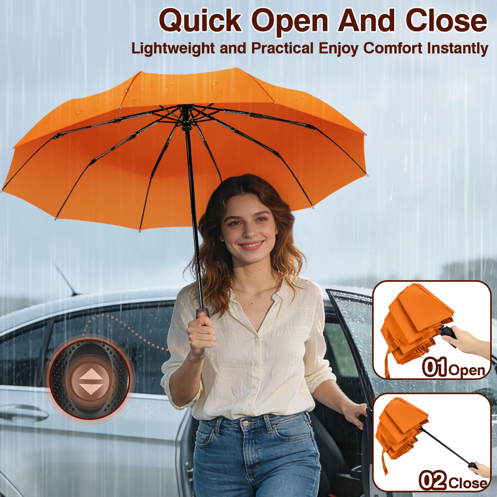 ZOMAKE Small Travel Umbrella Compact Portable Collapsible Umbrellas for Rain, Windproof, Automatic Lightweight Paraguas for Women, Men(Orange)