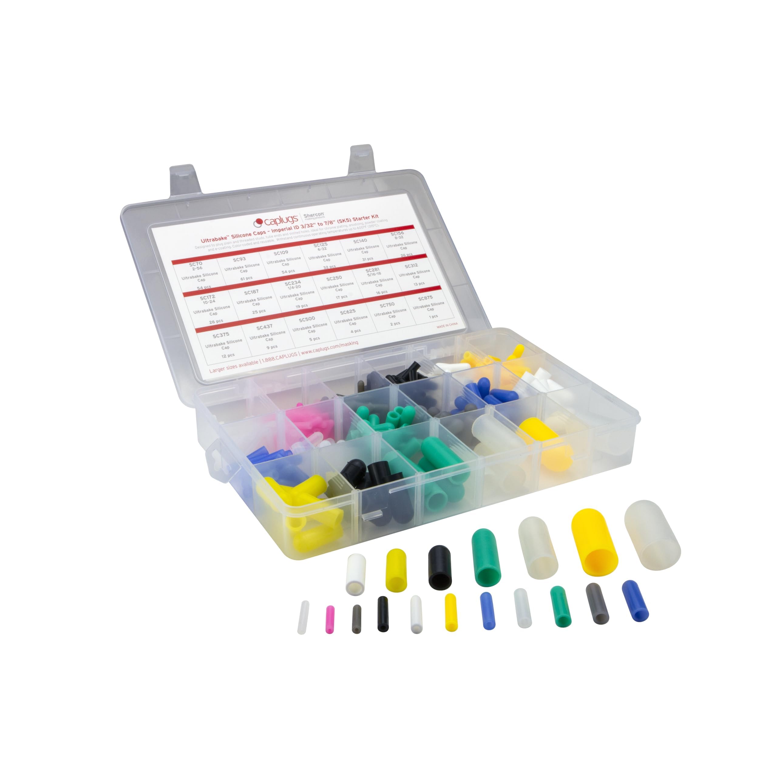 Caplugs SK5 - SK-SH Series - Masking Starter Kit, Miscellaneous Ultrabake Silicone Caps, 18 Sizes, ID Range of 3/32