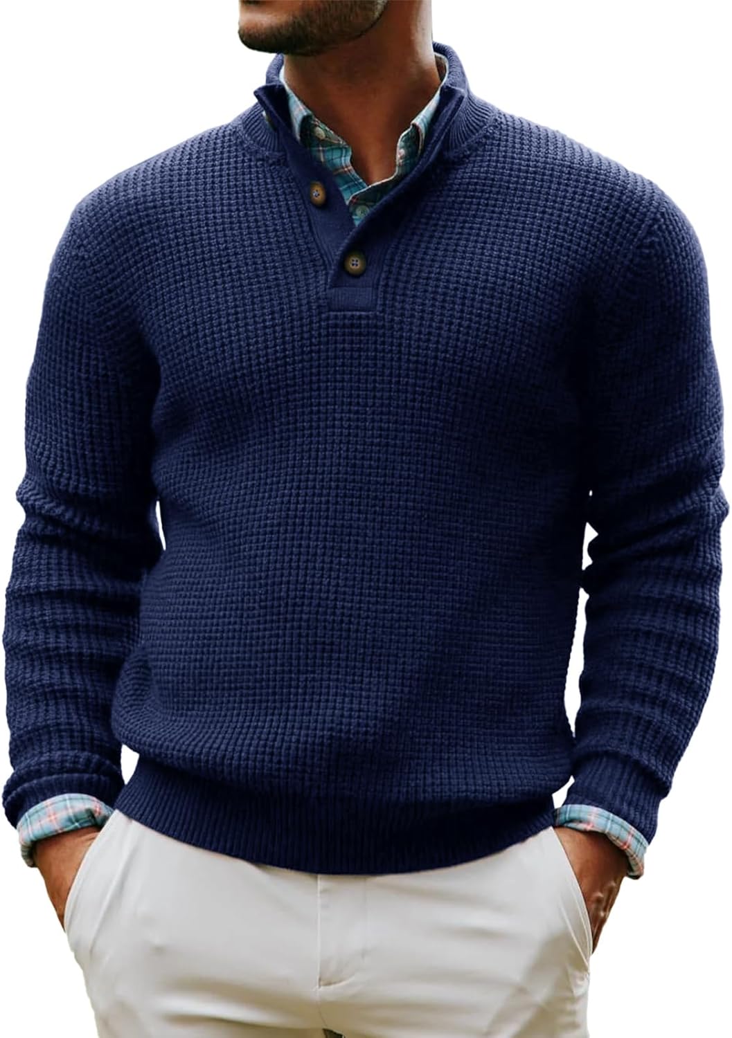 Runcati Mens Pullover Sweater Knitted Quarter Button Stand Collar Casual Thermal Henley Sweaters