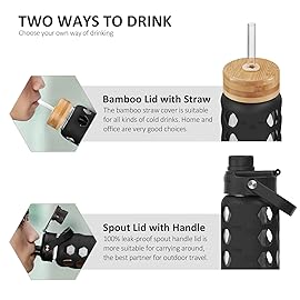 MUKOKO 24oz Glass Water Bottle with 2 Lids-Handle Flip Lid&Bamboo Straw Lid,Motivational Water Tumbler with Time Marker Reminder and Silicone Sleeve, Leakproof-Black