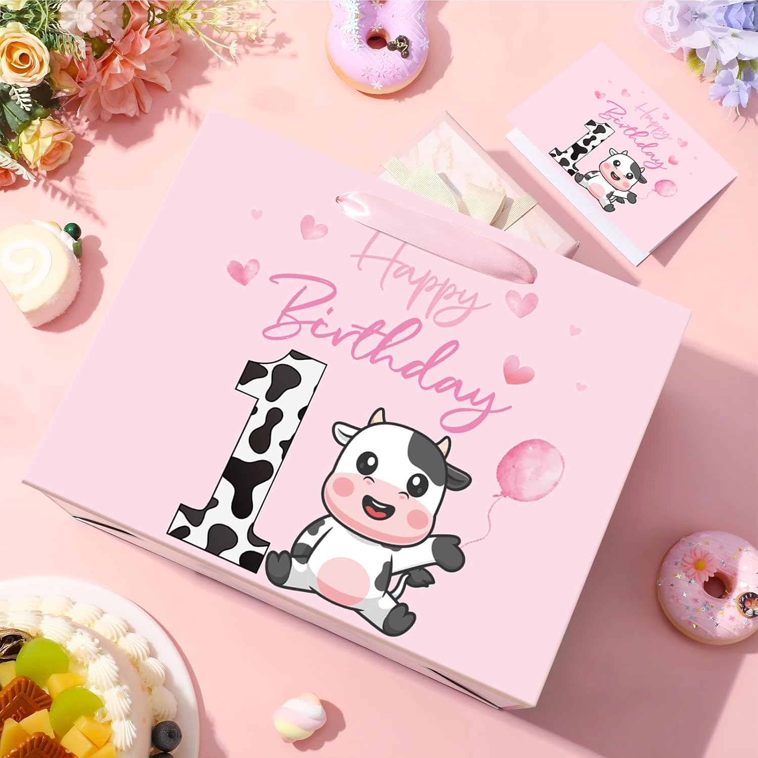 TagreSpike Cow 1st Birthday Gift Bag A Little Cow Gift Bag with Card and Tissue Paper Large Pink First Birthday Wrapping Paper Bag for Girls Newborn Baby Shower First Bday Party Supplies