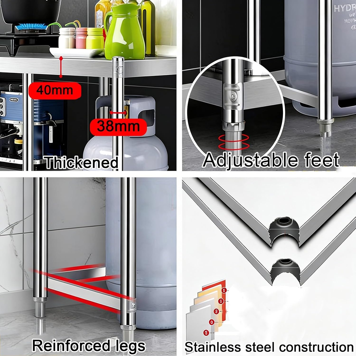 Kitchen Works Table with Splash Guard Stainless Steel Work Bench Storage Shelves Thickened Countertop Adjustable Legs Reinforced Bottom Crossbeam