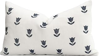 Crumbs Home Coastal Linen Indoor Outdoor Lumbar Pillow Cover Only, 12"x20" Water Repellent for Patio, Backyard, Couch, Neutral Dark Navy Floral