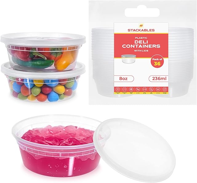 STACKABLES ~ 36 Pack Food Storage Plastic Containers with Lids Combo Pack ~ 8oz Microwave & Dishwasher Safe Deli Food Containers with Lids Reusable Container Set Tubs for Meal Prep