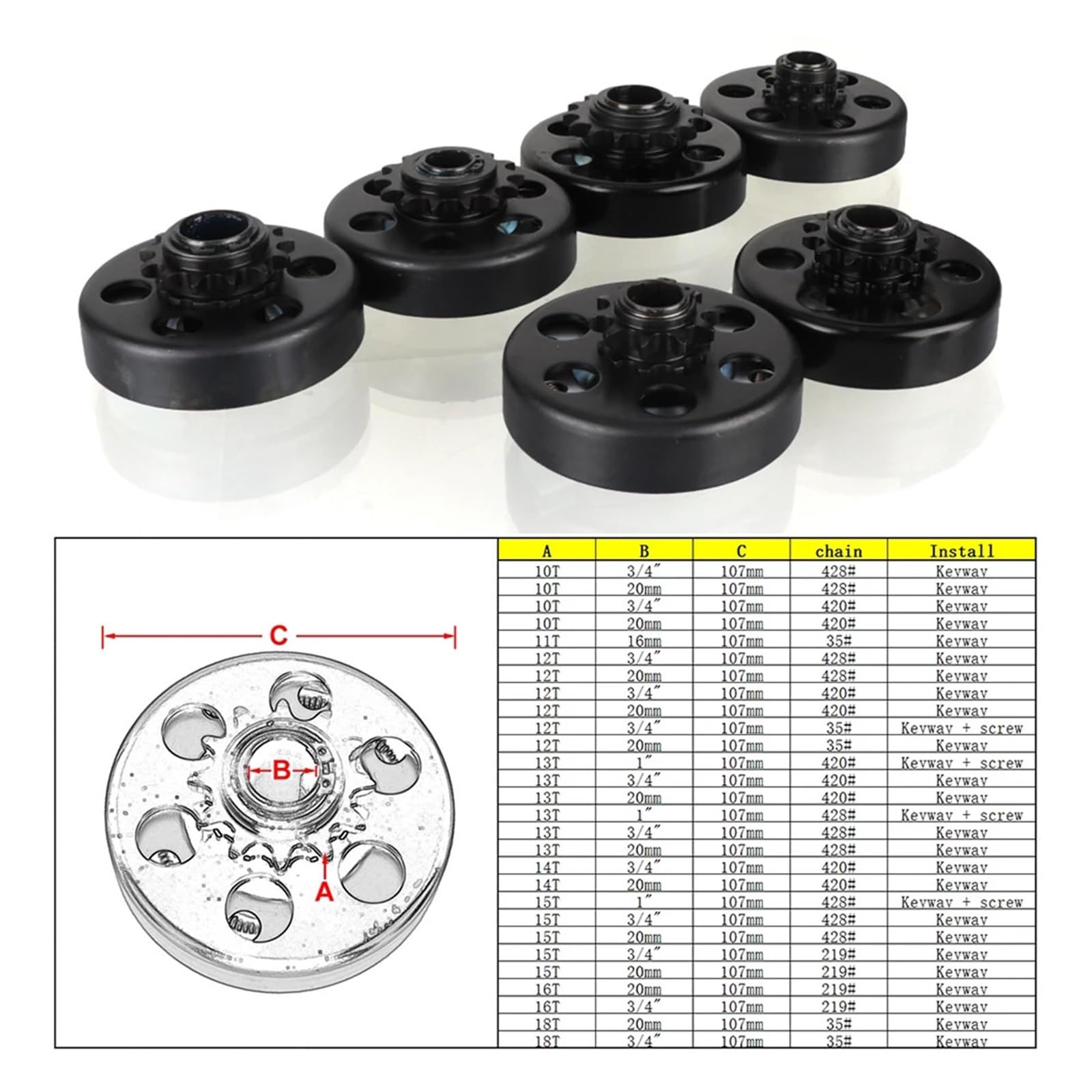 Frizione centrifuga a 18 denti, 18 denti, foro da 3/4" e 20 mm, pignone di trasmissione n. 35 for mini moto, go-kart e parti del motore da corsa(18T-19.05MM)