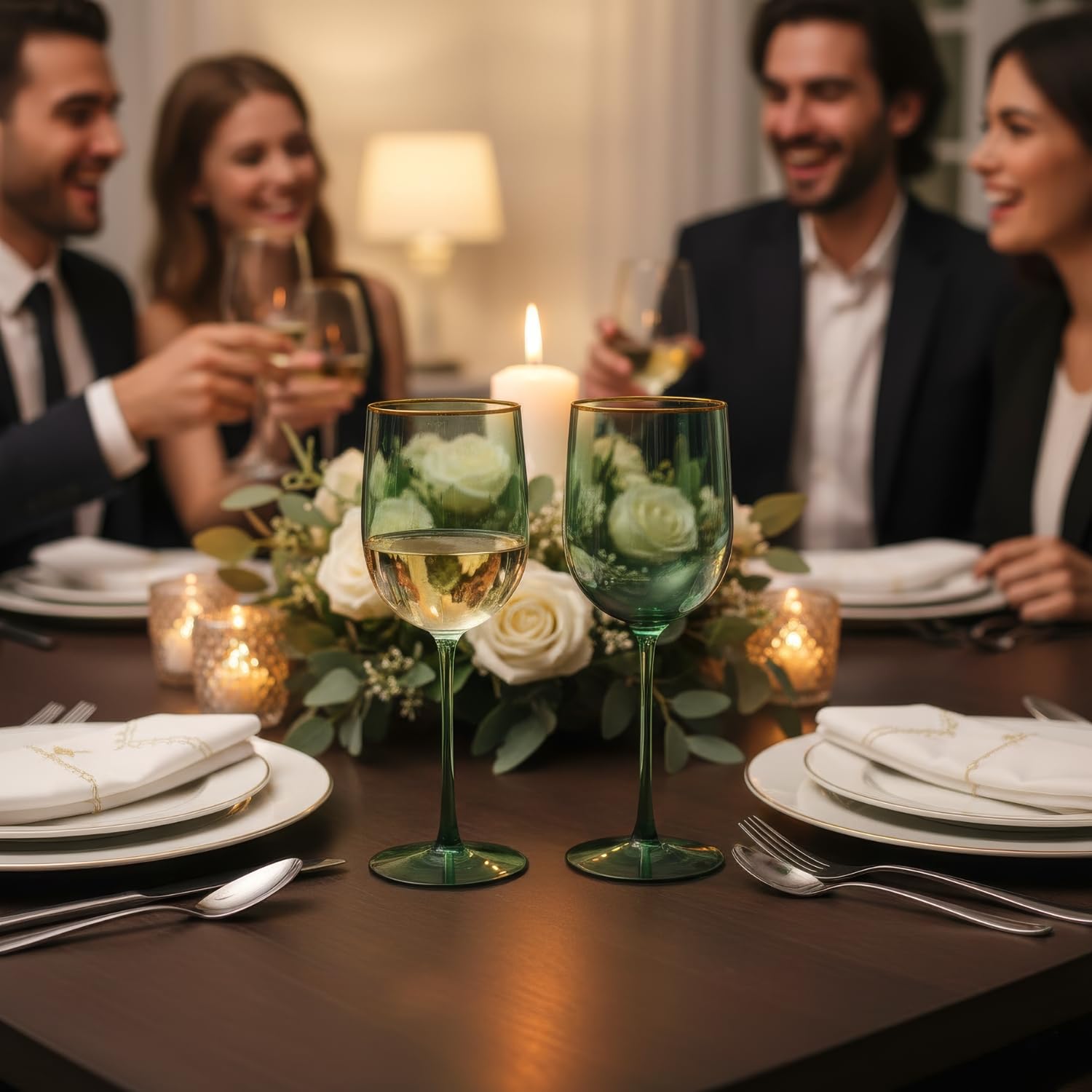 Blue Sky Green Plastic Wine Glasses With Gold Rim - 12oz (5-Pack) Reusable, Disposable Cups for Parties and Events - Image 4