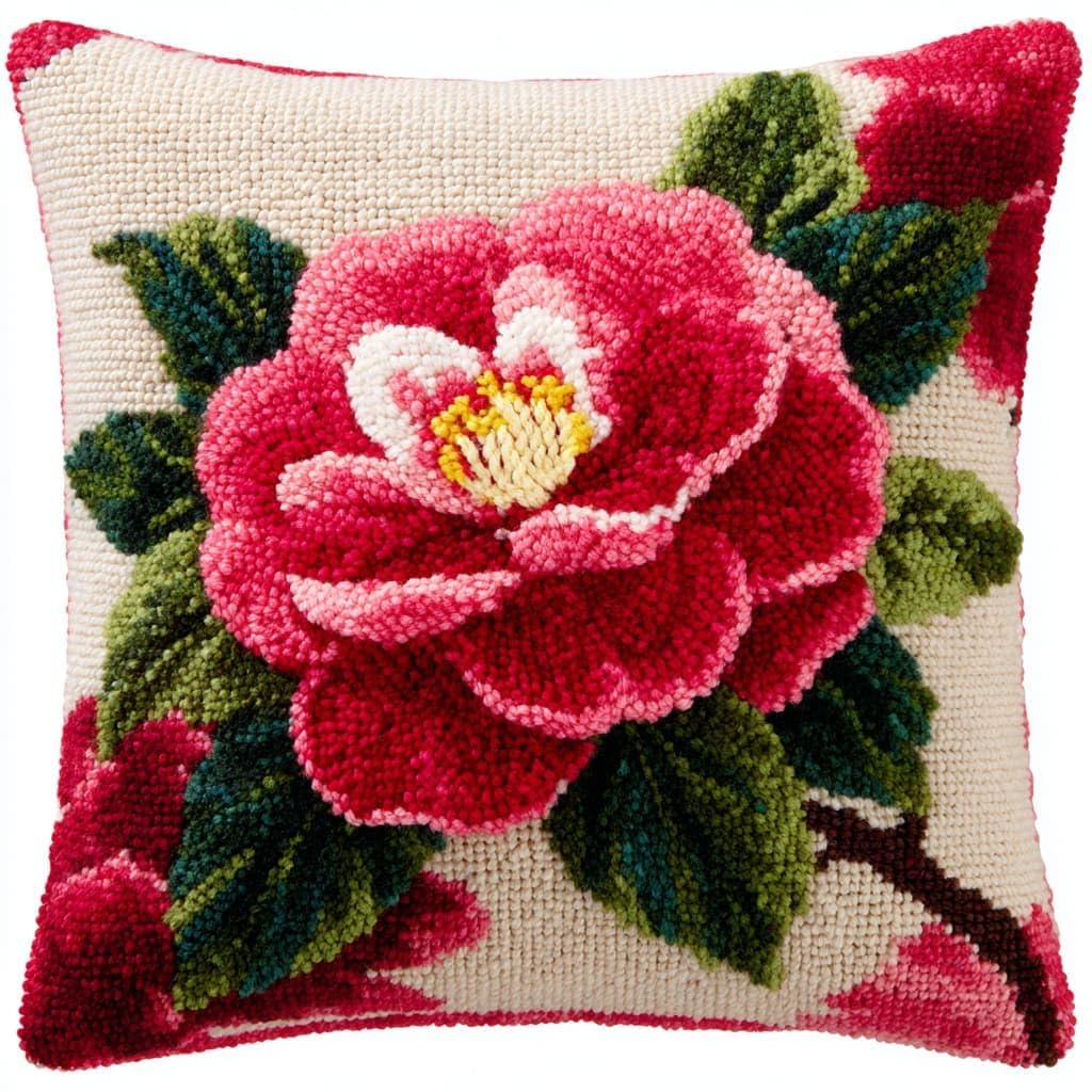 Taxpy Latch Hook Kits, Camellia Flowers Pillow DIY Rug Crochet Hook Cushion Making Kits with Preprinted Pattern Canvas Handmade Cushion Kit 43x43cm