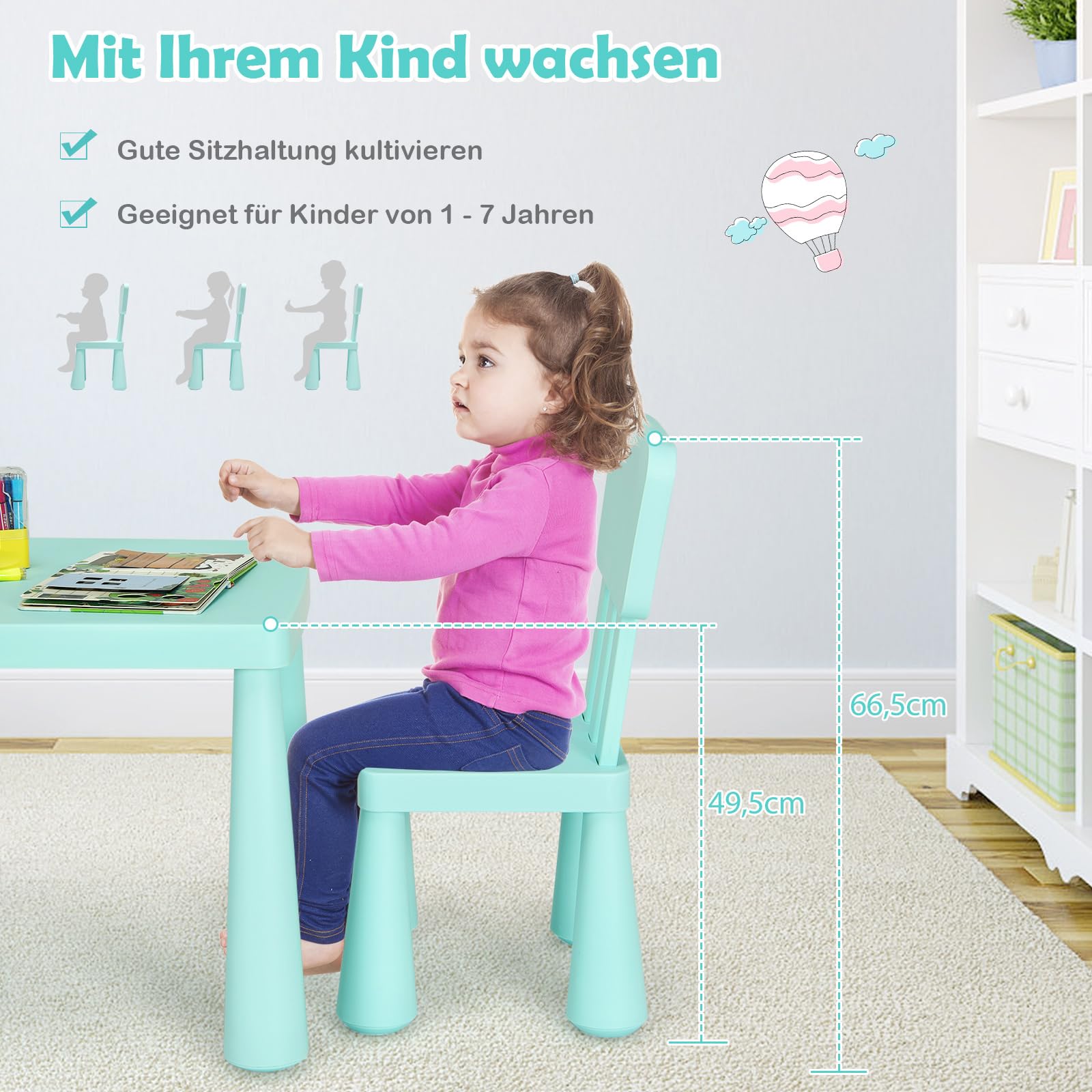 COSTWAY 3 TLG. Kindersitzgruppe, Kindertisch mit 2 Stühlen, Kindermöbel aus Kunststoff, Kinder Tischset für Kindergarten und Kinderzimmer (Grün)