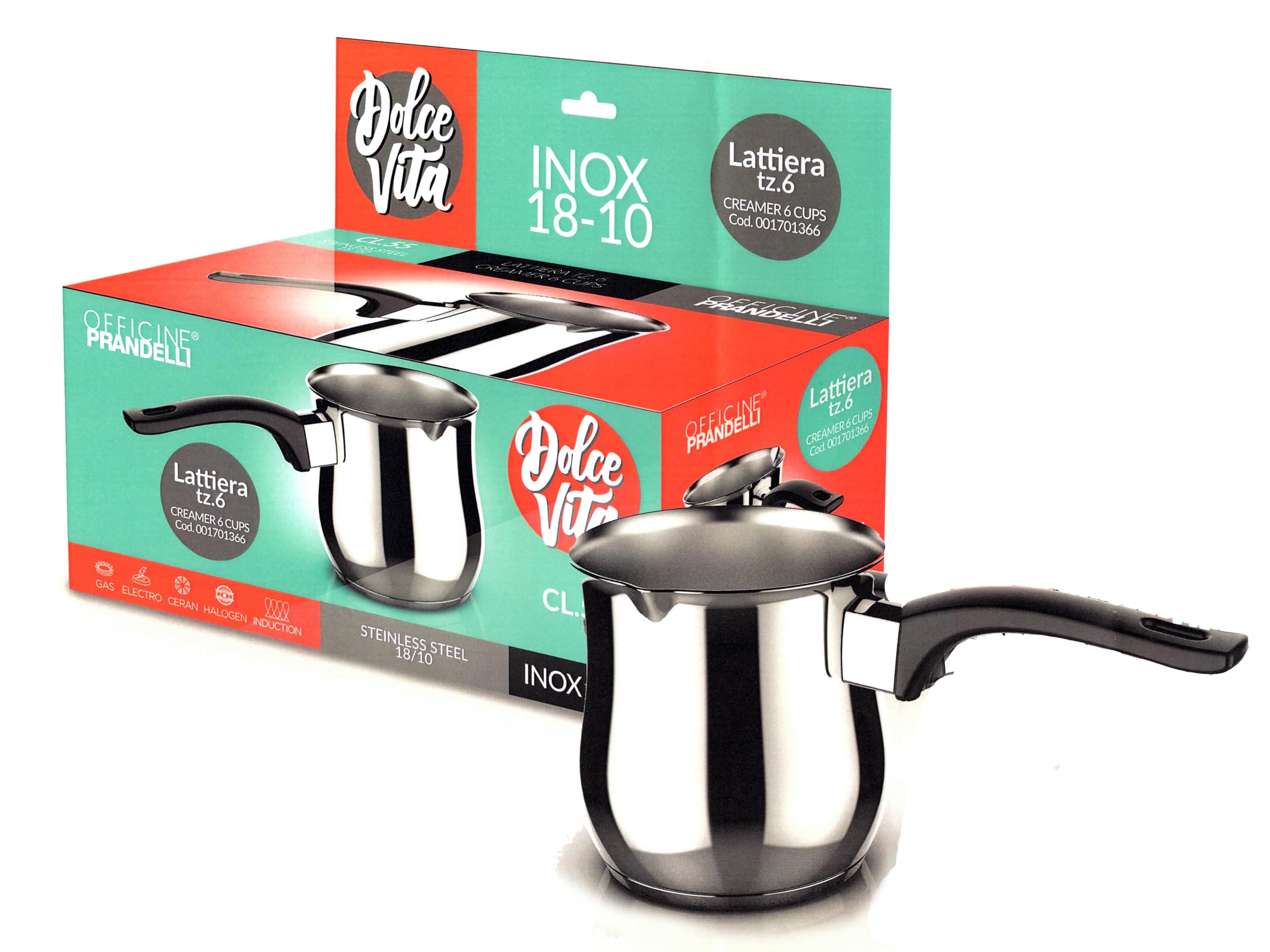 Lattiera Manico Lungo Tazze 10, Linea Dolcevita, 950 ML, Acciaio Inox 18/10 ad induzione e con beccuccio
