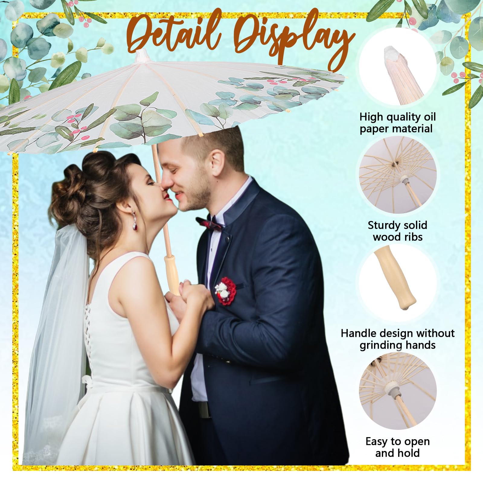 6 Sets 60 cm Hochzeitspapier-Sonnenschirm-Set, Dankeskarten, weiße Kordelzugbeutel, Gastgeschenke, Eukalyptusblatt, chinesisch, japanisch, DIY, geöltes Papier, Regenschirm für Fotografie