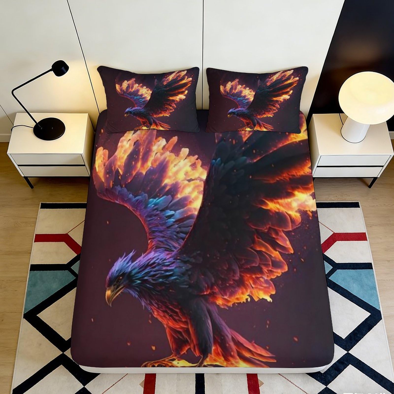 Dhbaneiok Style-5 3D Printed Fire Phoenix Fitted Sheet Microfiber Soft Breathable Flaming Eagle Mattress Cover For Bedroom Dorm Decor 90X200x25cm