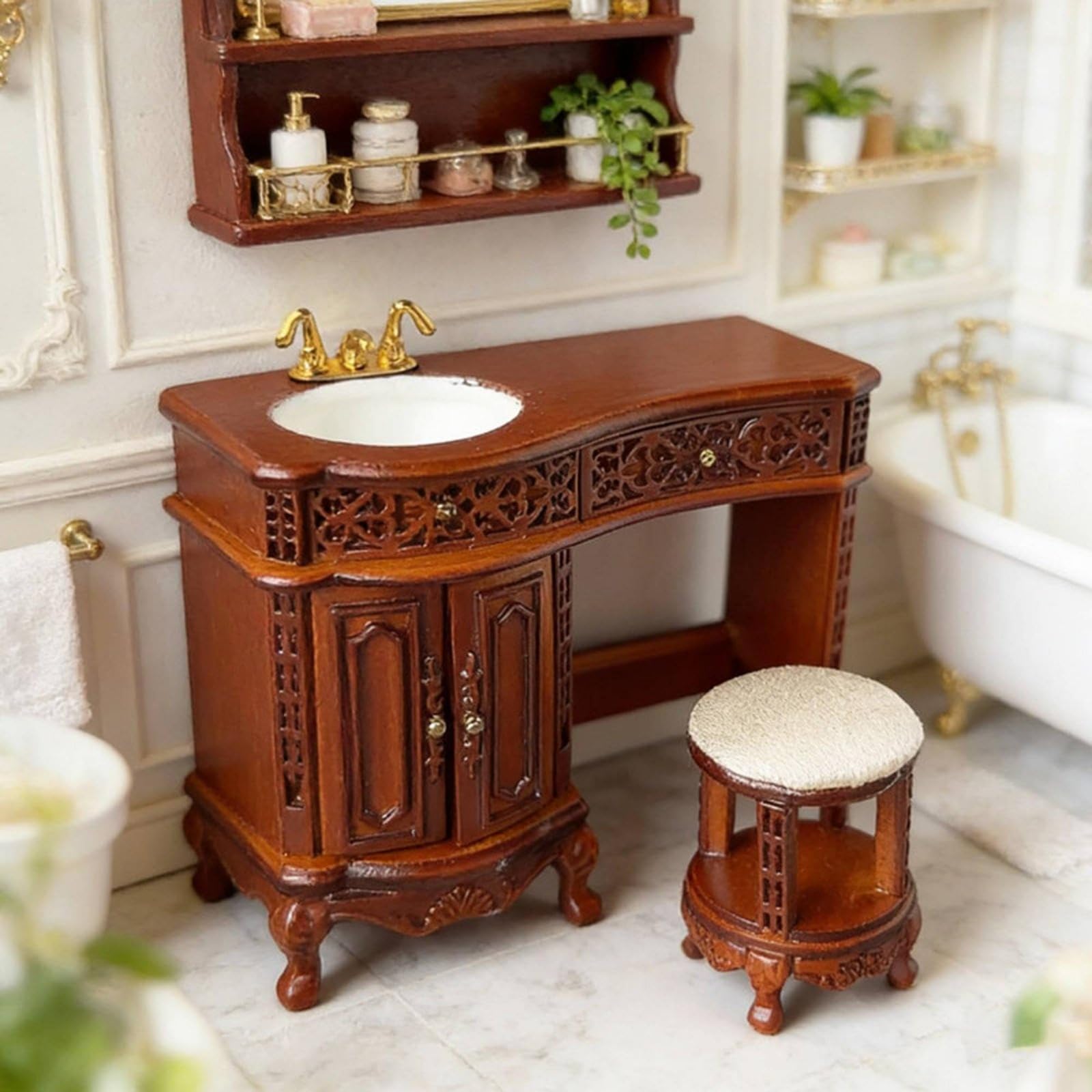Toeletta in Miniatura per Casa Delle Bambole Toeletta Sgabello Mobile Lavabo Specchiera Legno Lucidato con Rubinetto Finiture Europee Cassetto