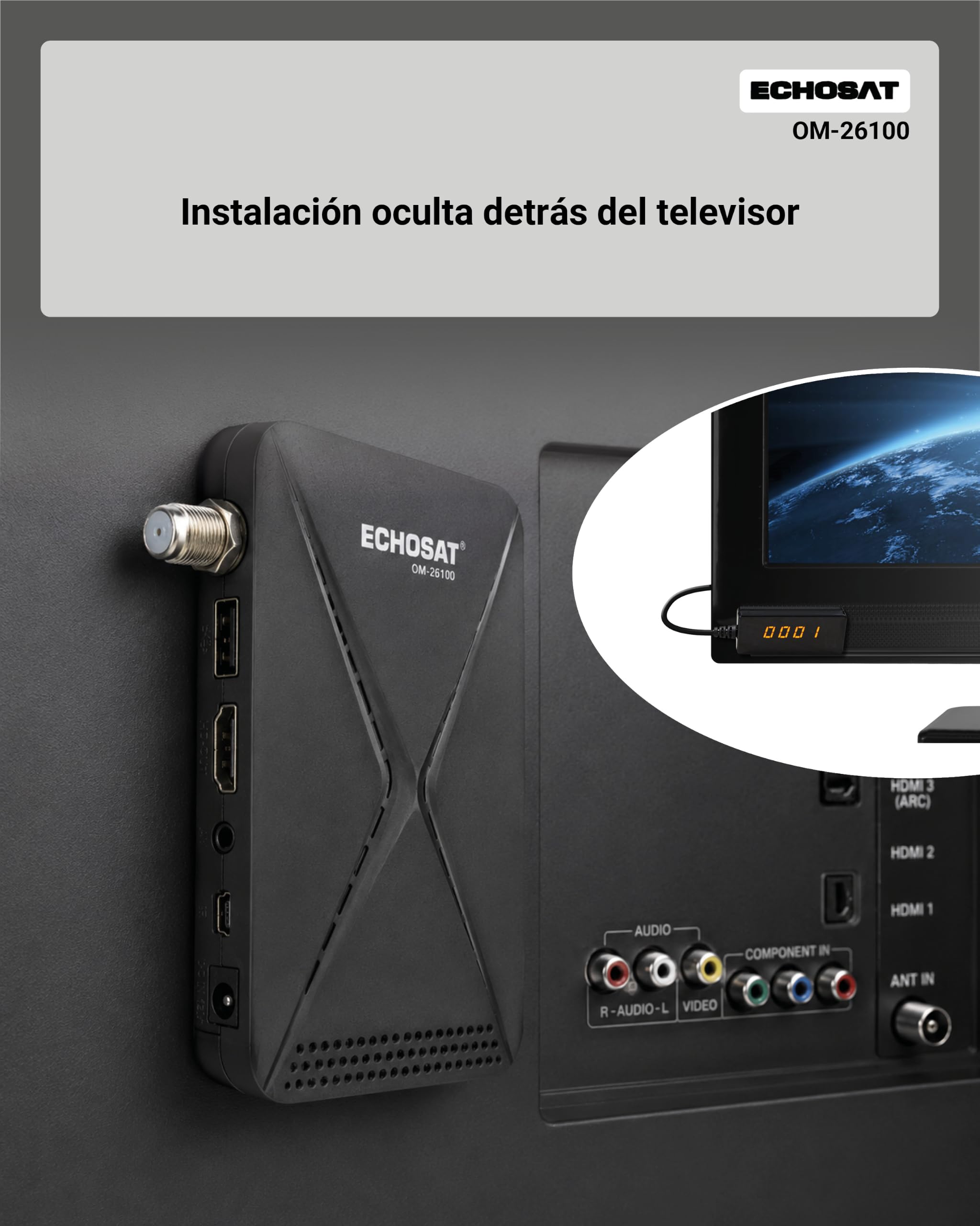 OM-26100 – Receptor satélite HD para Montaje Oculto – Negro | Carcasa muy compacta, solo 10,8 × 1,8 × 6,5 cm, DVB-S2, USB para reproducción multimedia, HDMI